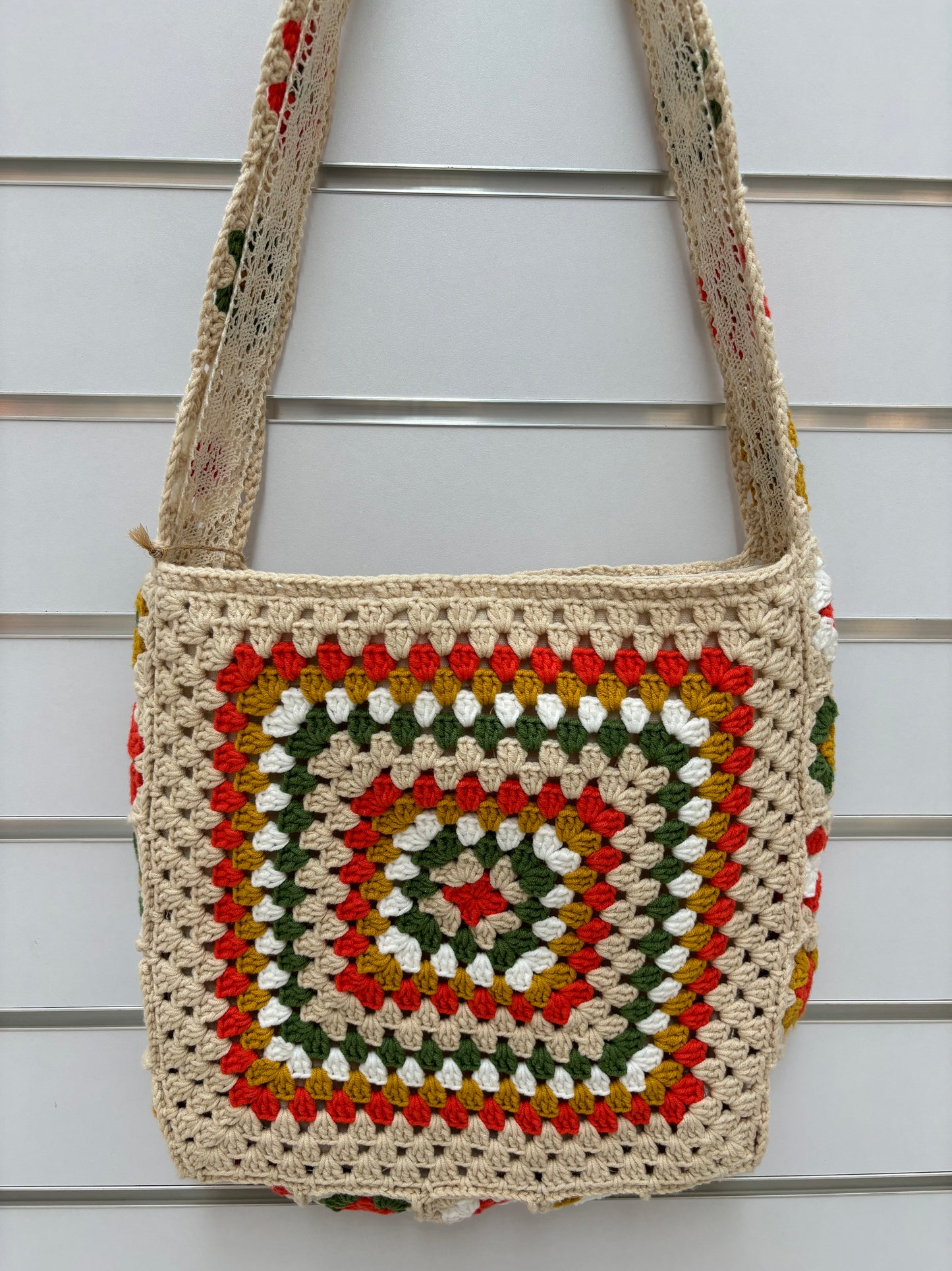 Handmade Crochet Granny Square Shoulder Bag with Lining - Colorful Retro Design