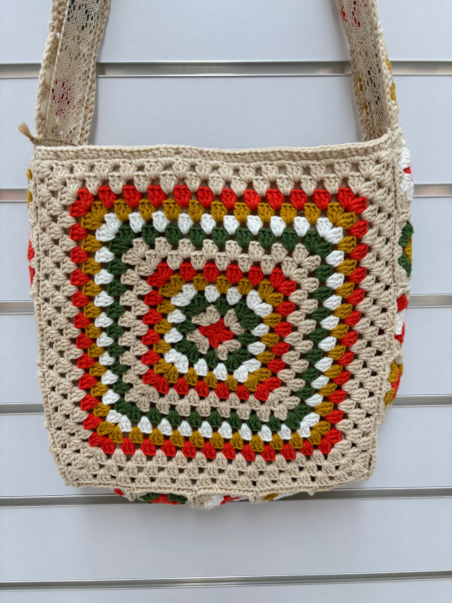 Handmade Crochet Granny Square Shoulder Bag with Lining - Colorful Retro Design