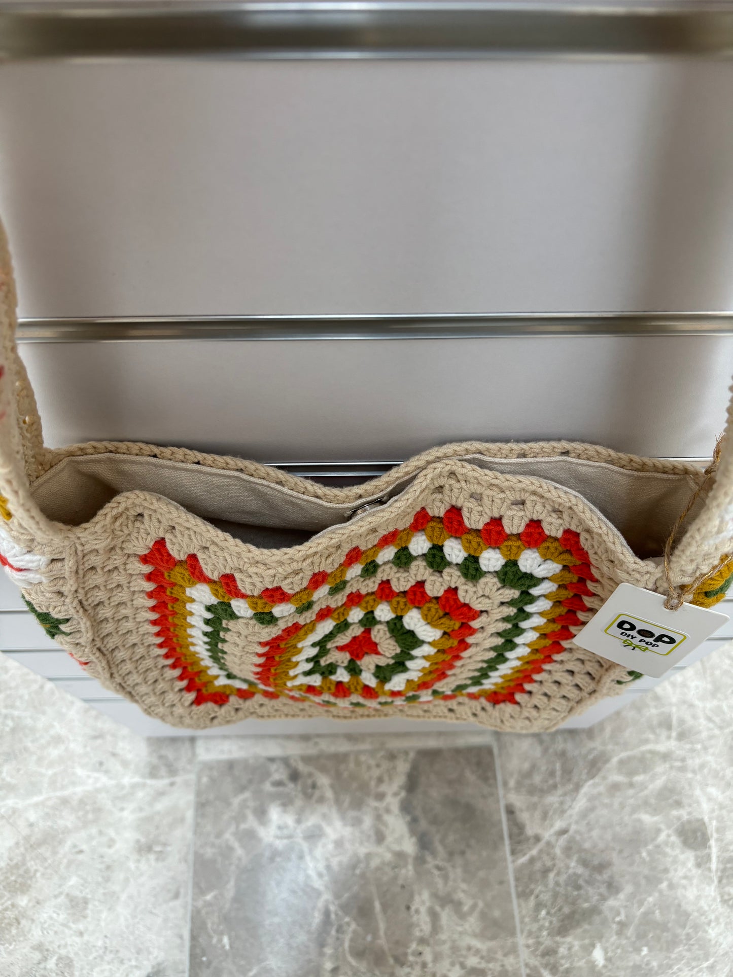 Handmade Crochet Granny Square Shoulder Bag with Lining - Colorful Retro Design