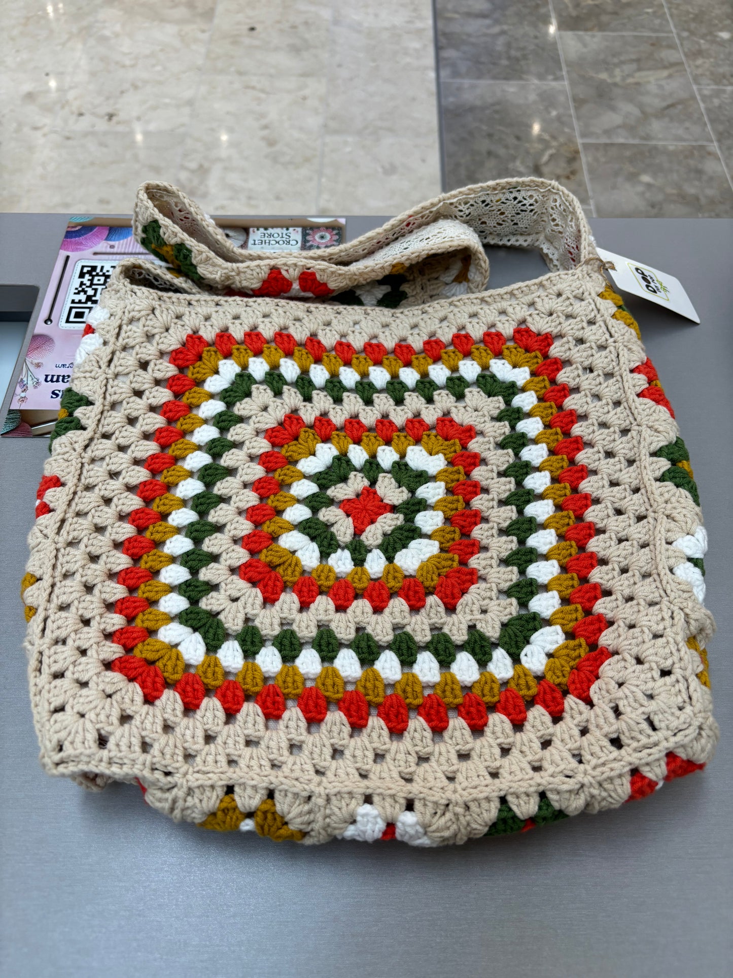 Handmade Crochet Granny Square Shoulder Bag with Lining - Colorful Retro Design