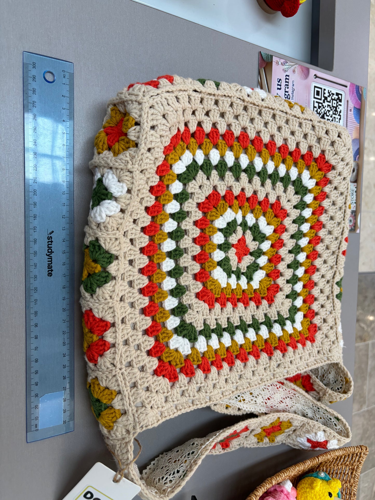 Handmade Crochet Granny Square Shoulder Bag with Lining - Colorful Retro Design
