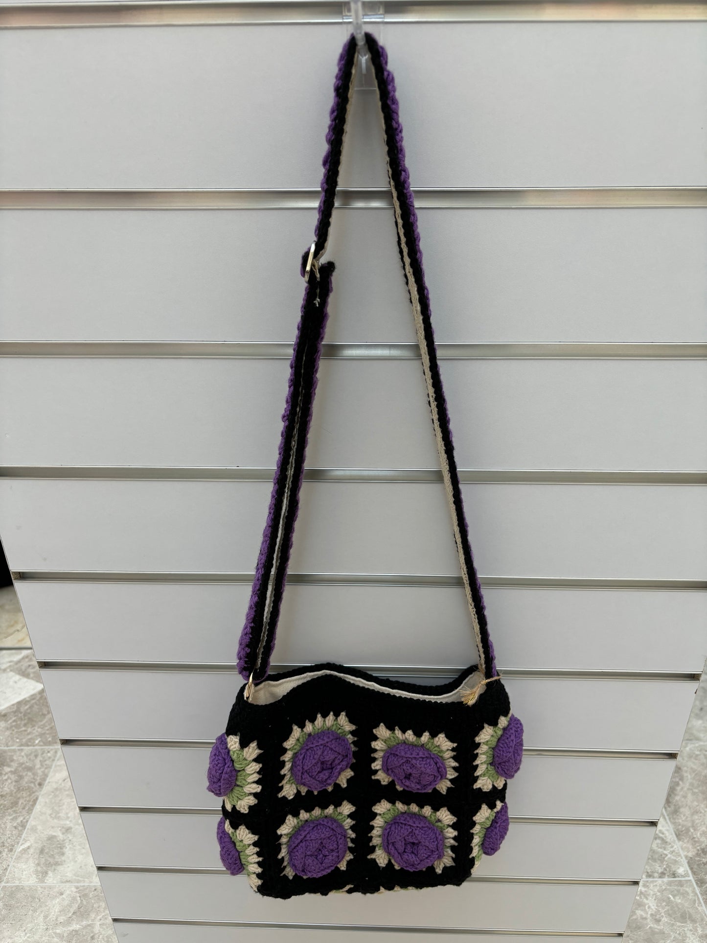 Handmade Crochet Rose Shoulder Bag in Black & Purple