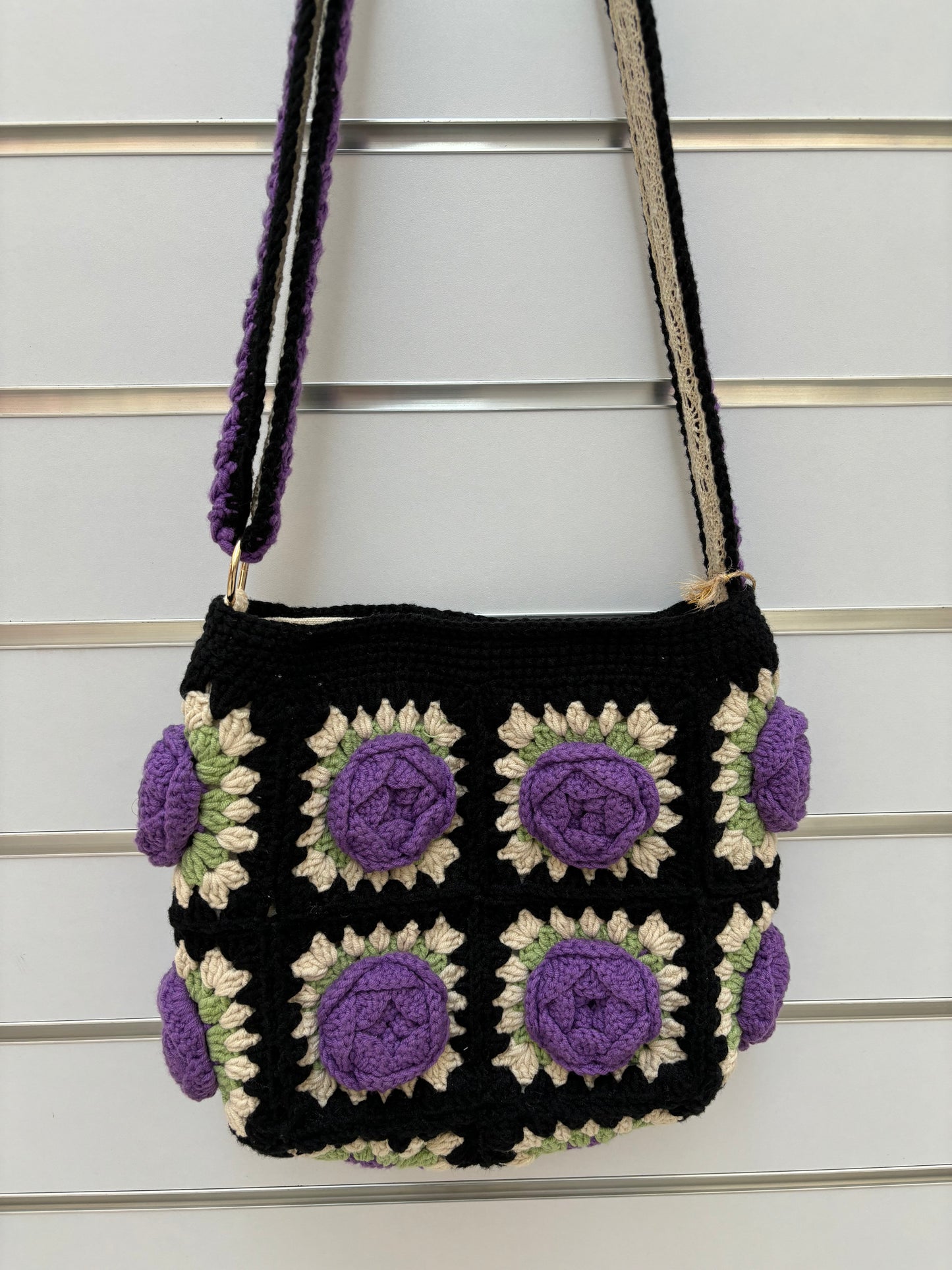 Handmade Crochet Rose Shoulder Bag in Black & Purple