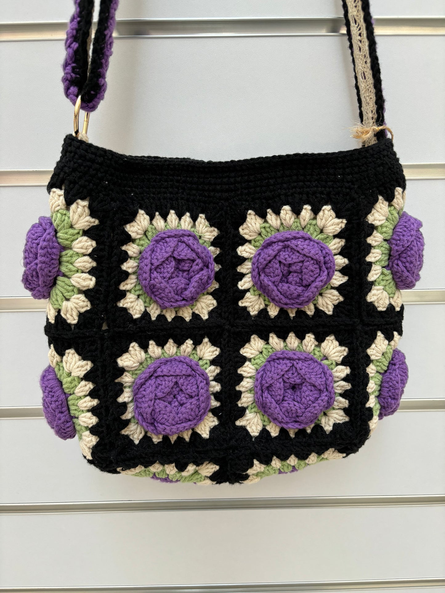 Handmade Crochet Rose Shoulder Bag in Black & Purple