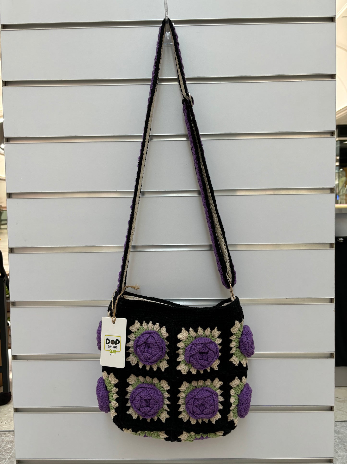 Handmade Crochet Rose Shoulder Bag in Black & Purple