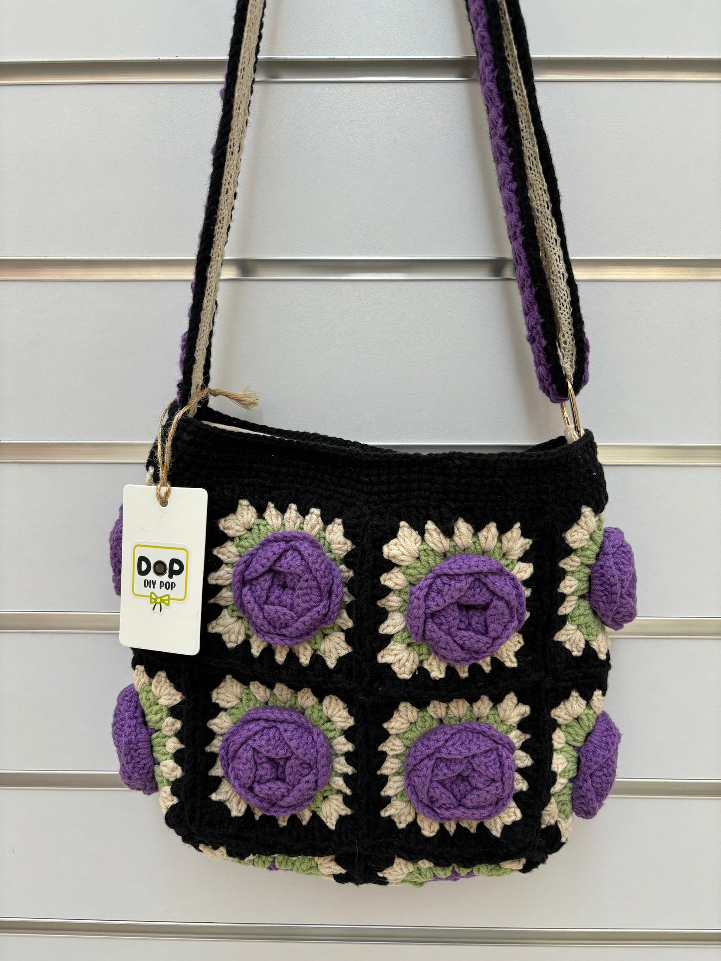 Handmade Crochet Rose Shoulder Bag in Black & Purple