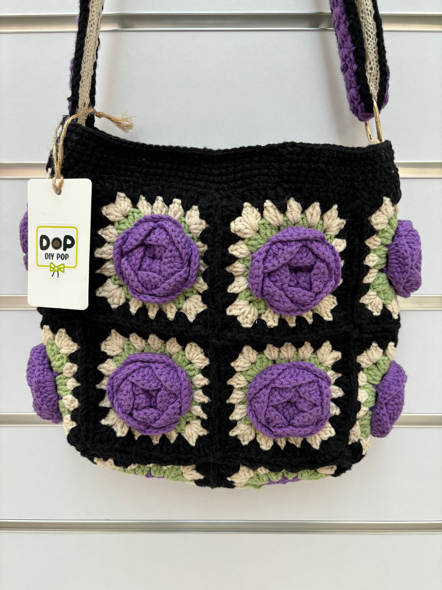 Handmade Crochet Rose Shoulder Bag in Black & Purple
