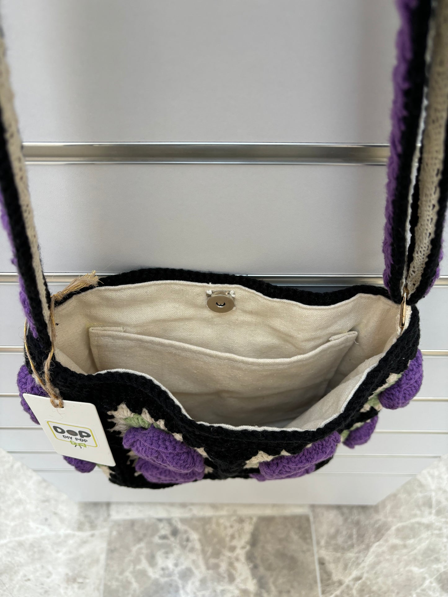 Handmade Crochet Rose Shoulder Bag in Black & Purple