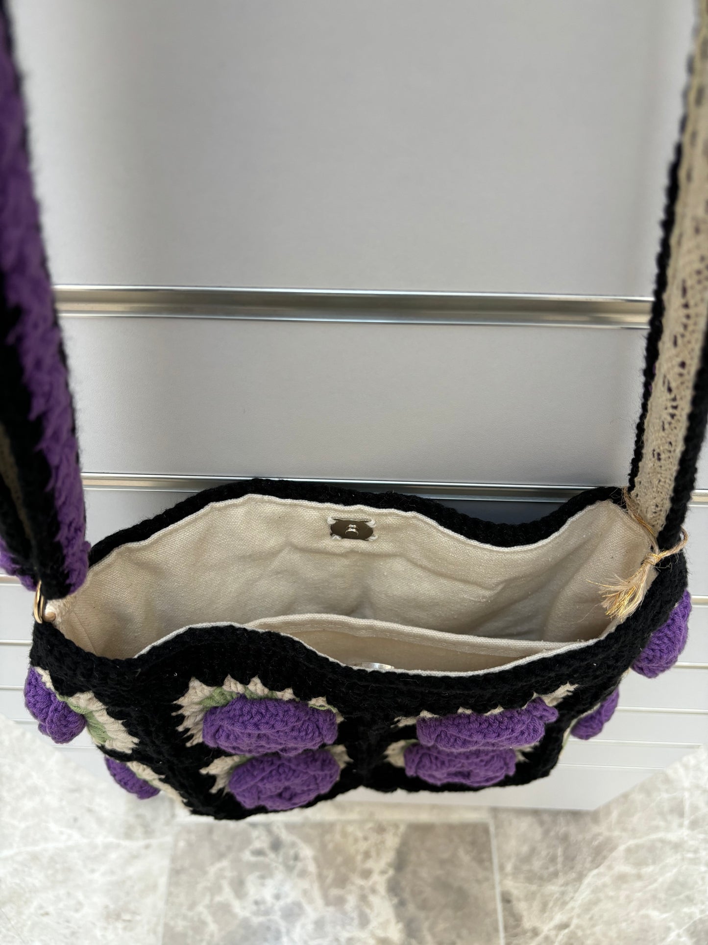 Handmade Crochet Rose Shoulder Bag in Black & Purple