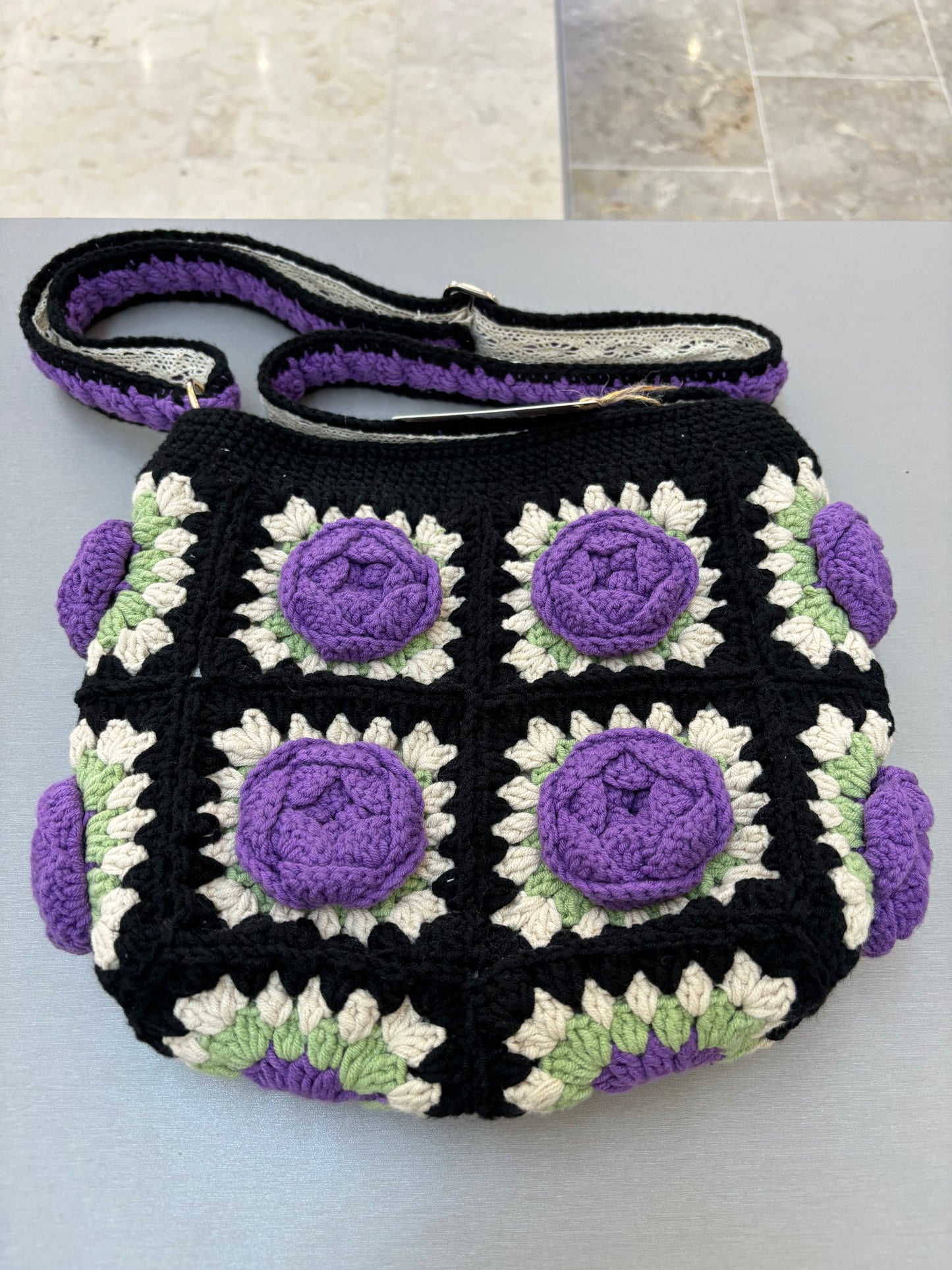 Handmade Crochet Rose Shoulder Bag in Black & Purple