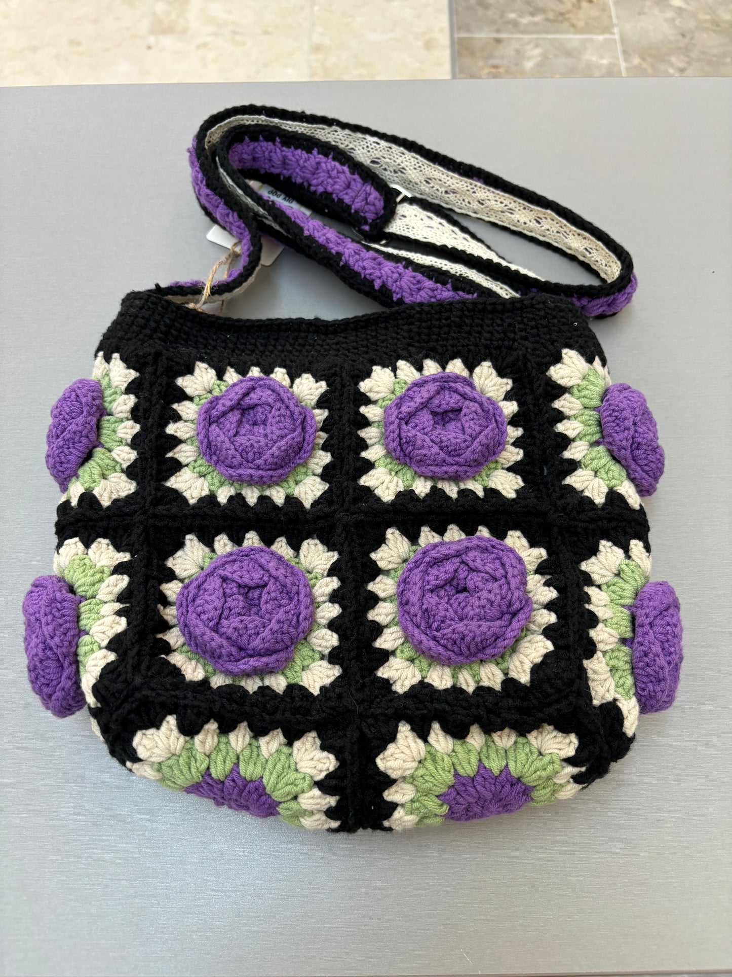 Handmade Crochet Rose Shoulder Bag in Black & Purple
