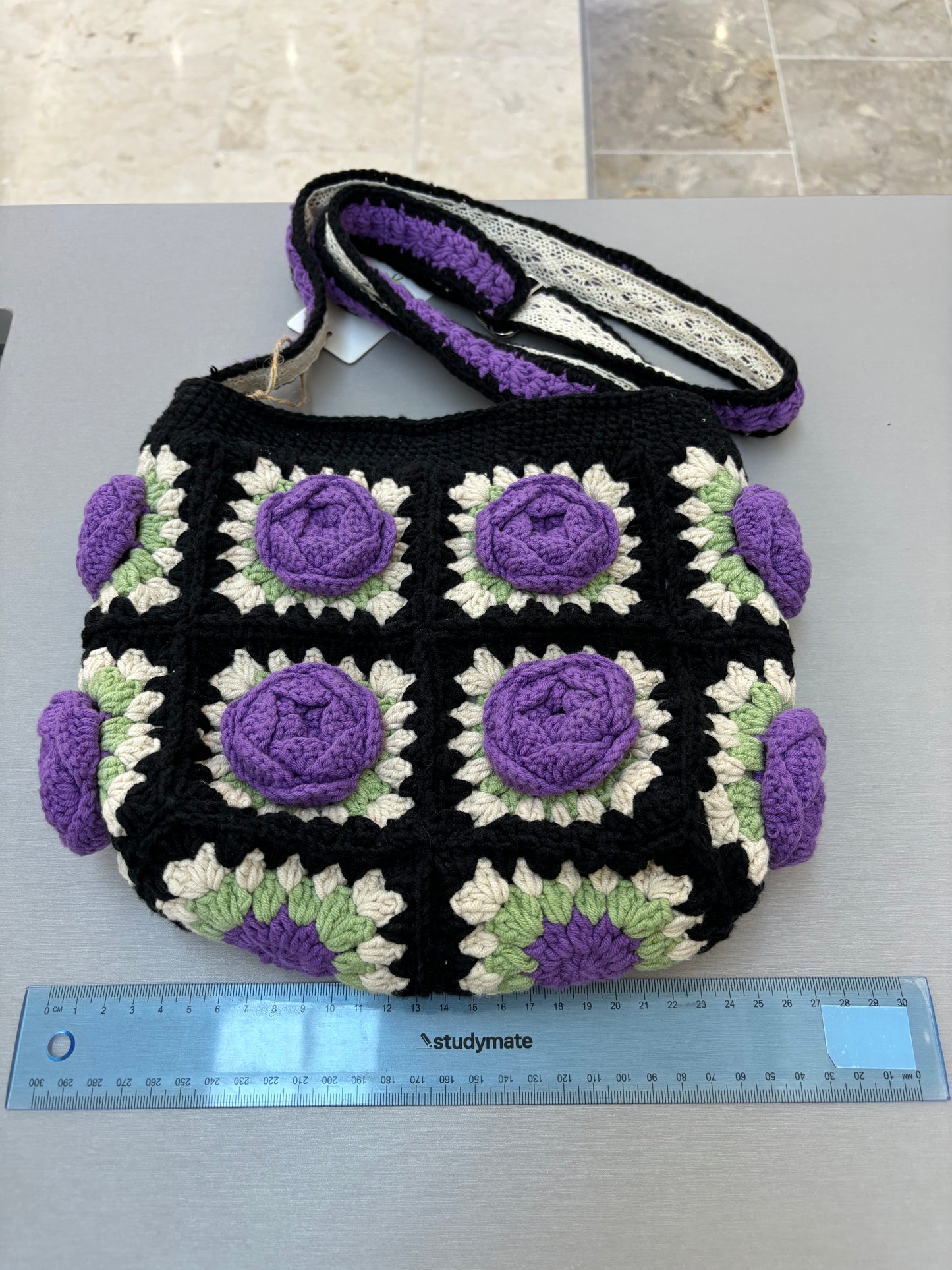Handmade Crochet Rose Shoulder Bag in Black & Purple