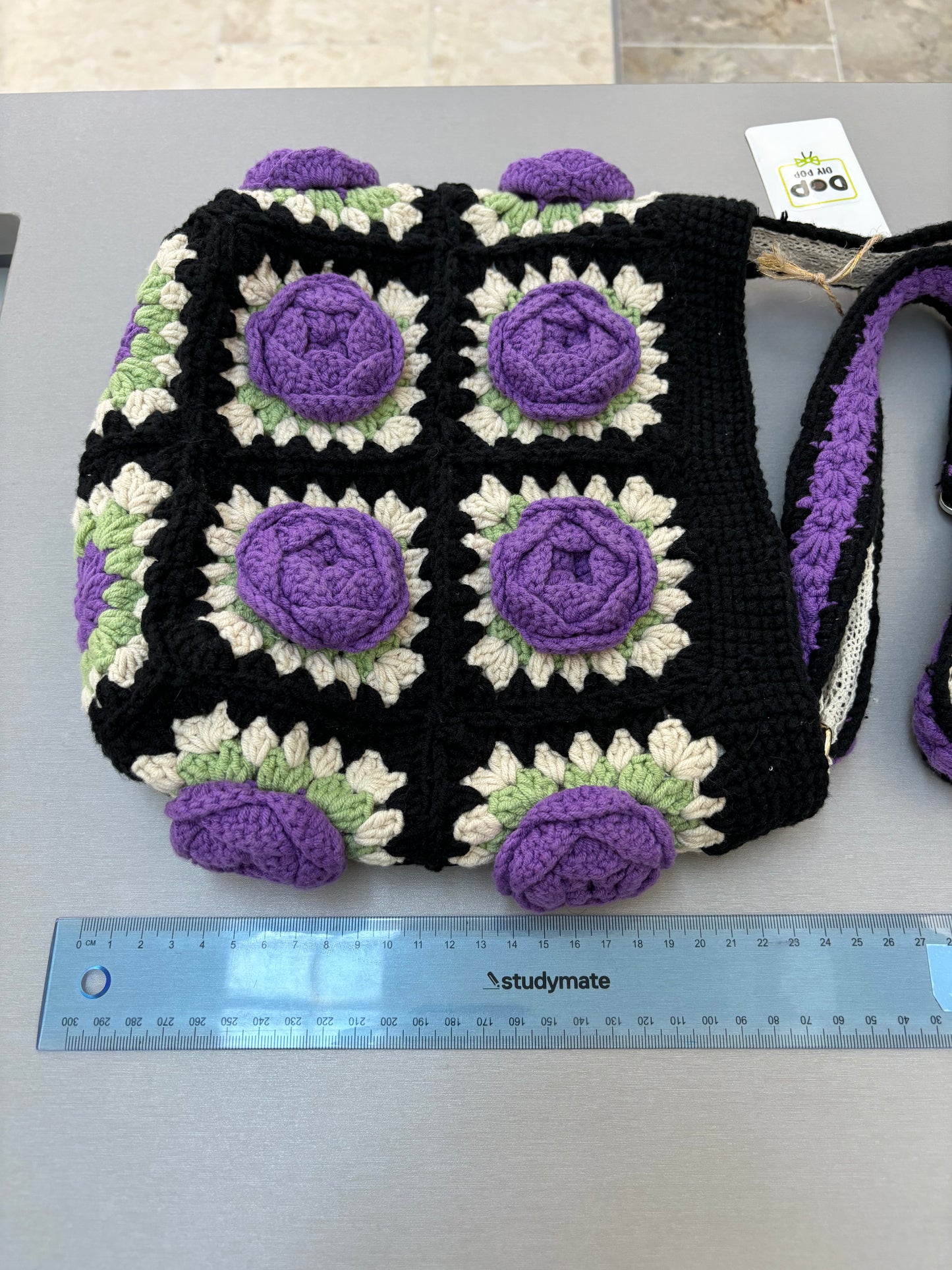 Handmade Crochet Rose Shoulder Bag in Black & Purple