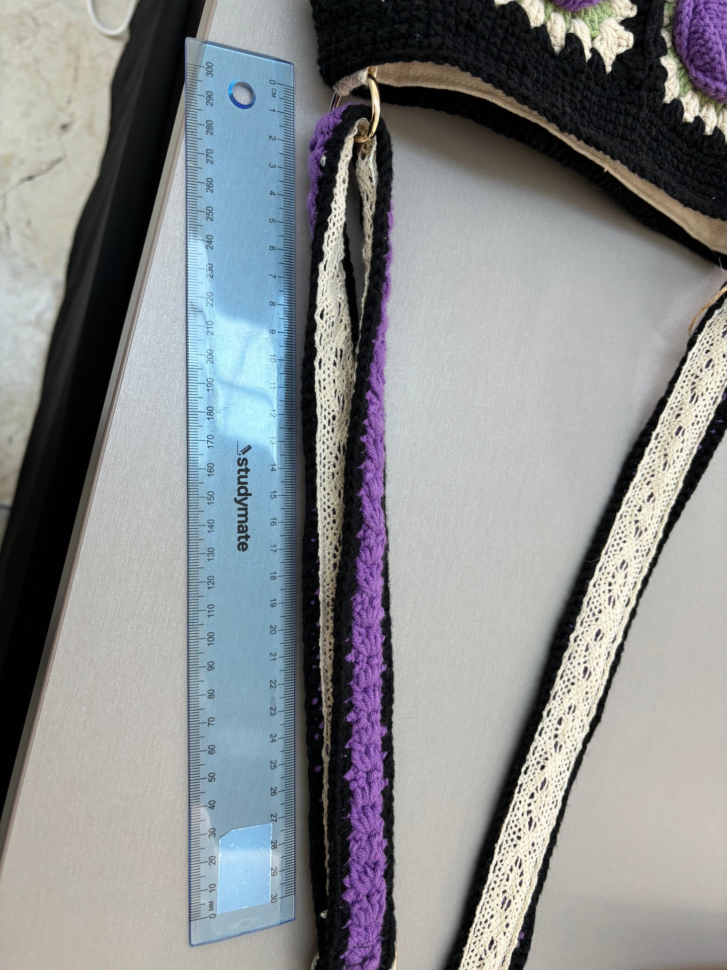 Handmade Crochet Rose Shoulder Bag in Black & Purple