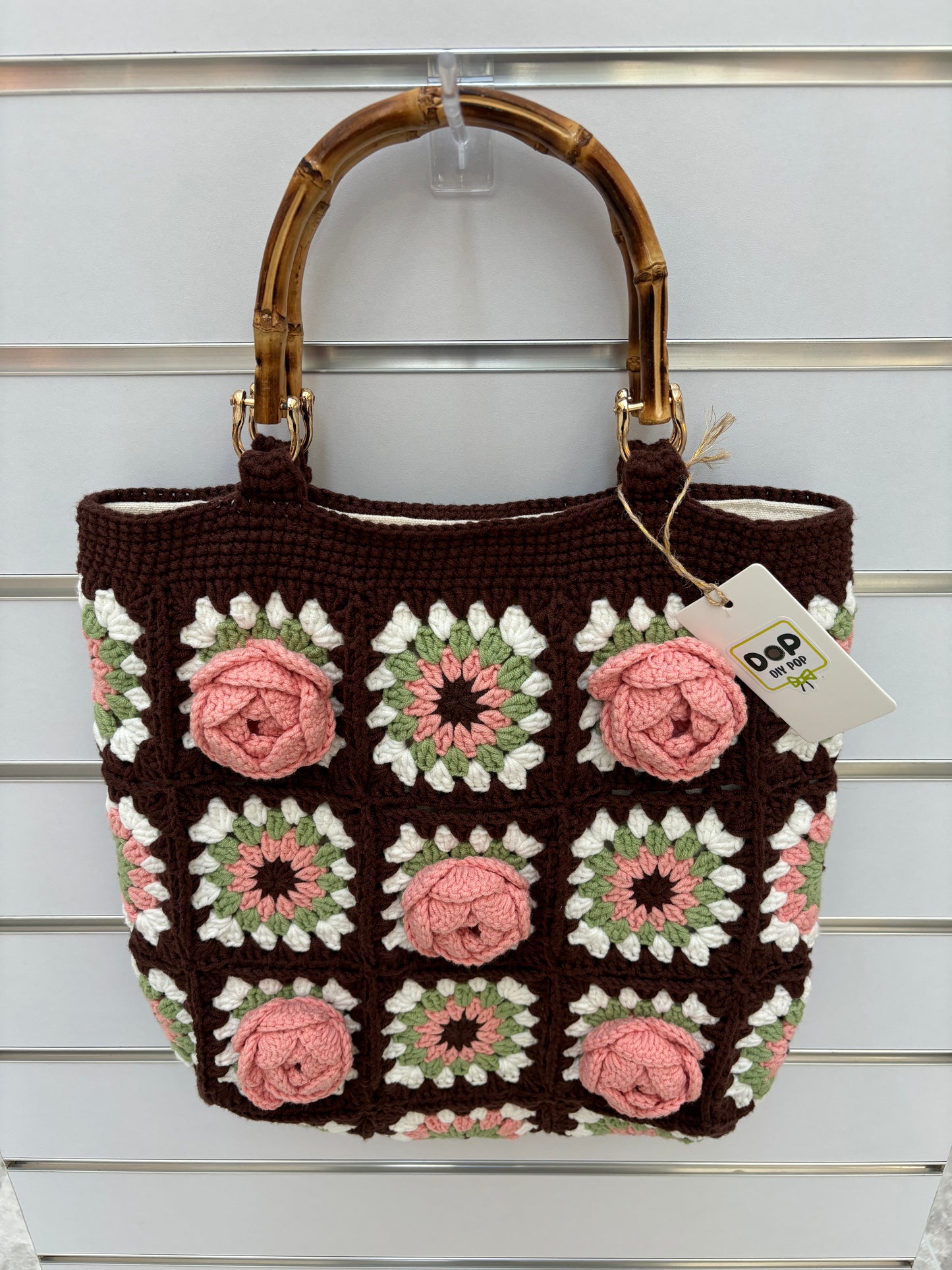 Handmade Crochet Rose Handbag with Bamboo Handles - Brown & Pink