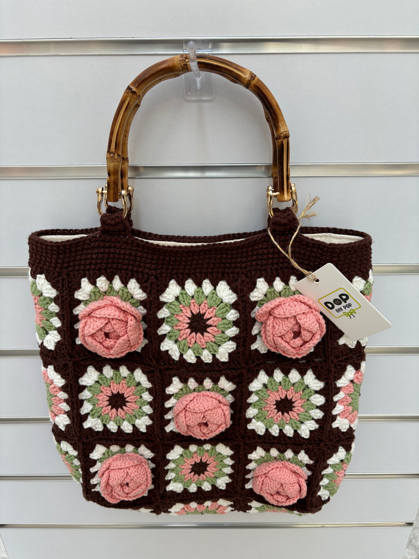 Handmade Crochet Rose Handbag with Bamboo Handles - Brown & Pink