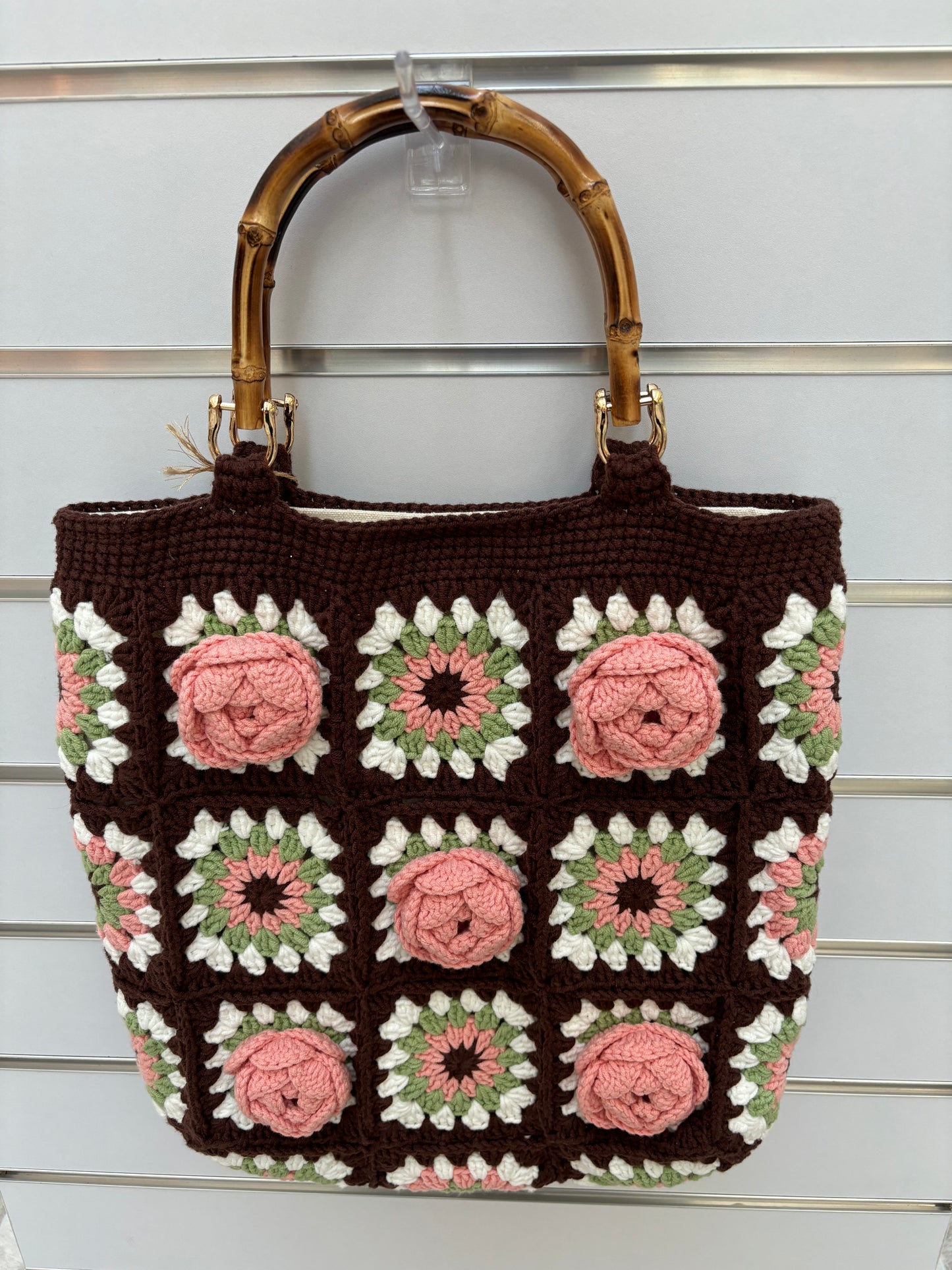 Handmade Crochet Rose Handbag with Bamboo Handles - Brown & Pink