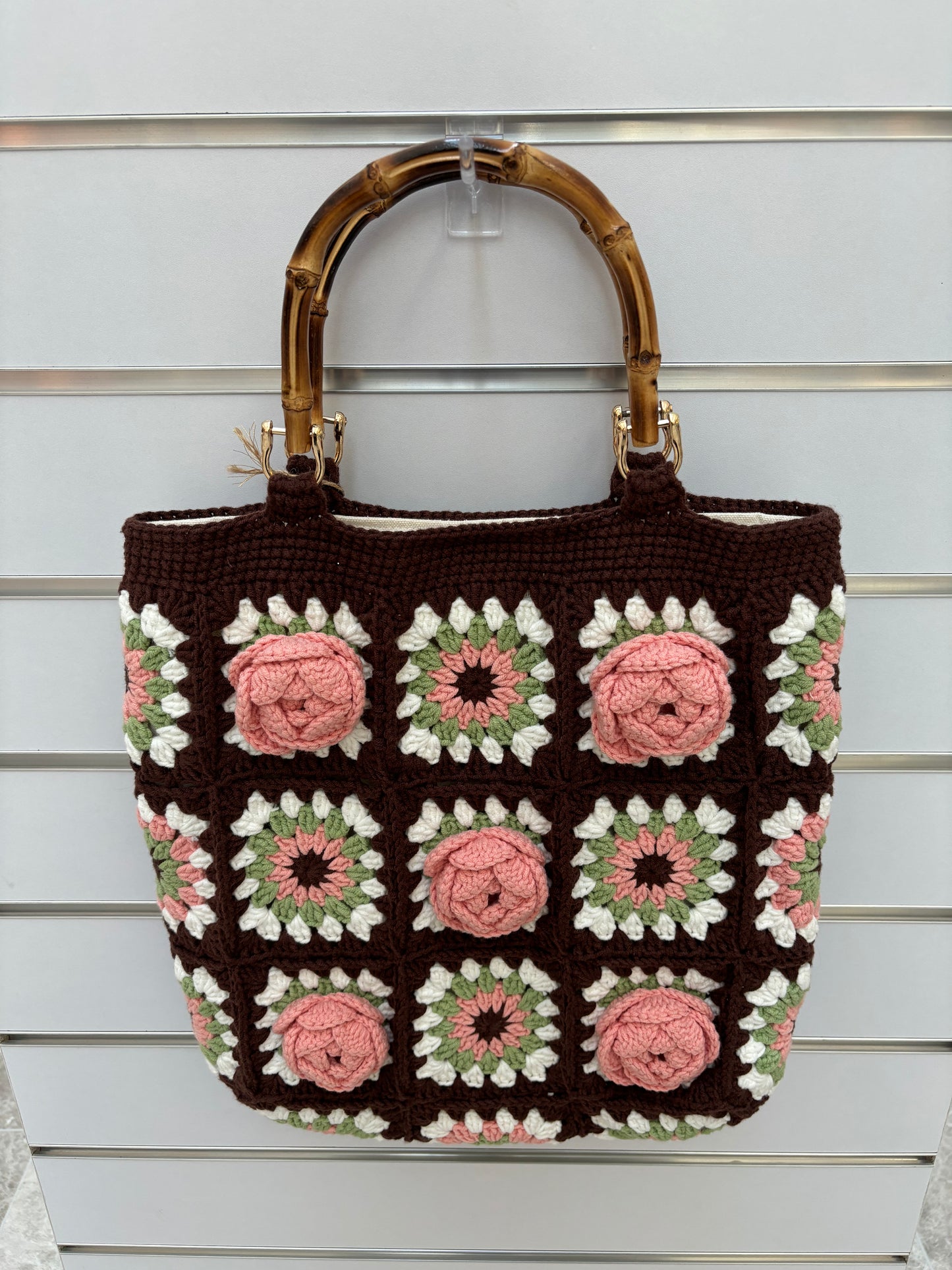 Handmade Crochet Rose Handbag with Bamboo Handles - Brown & Pink
