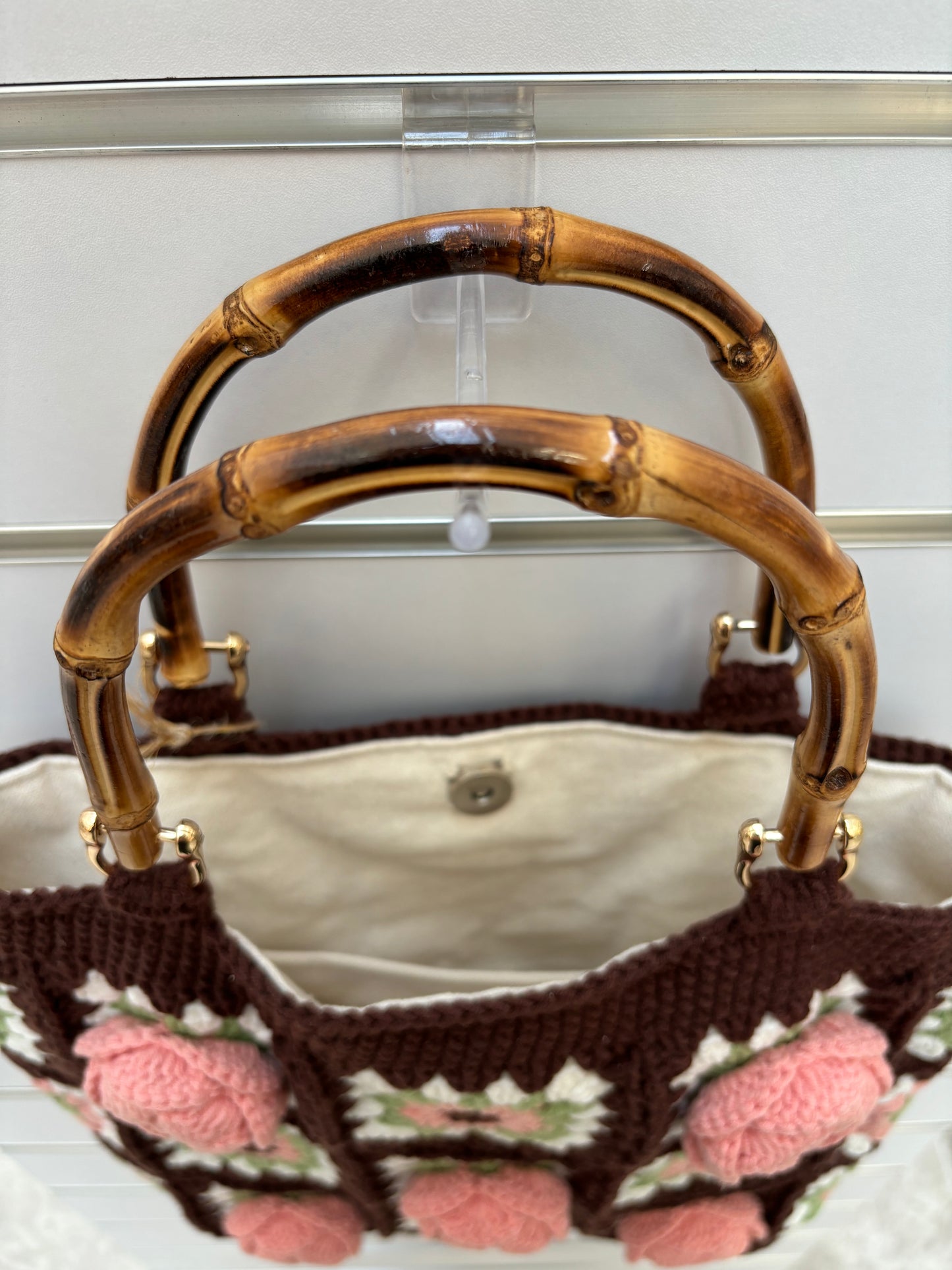 Handmade Crochet Rose Handbag with Bamboo Handles - Brown & Pink