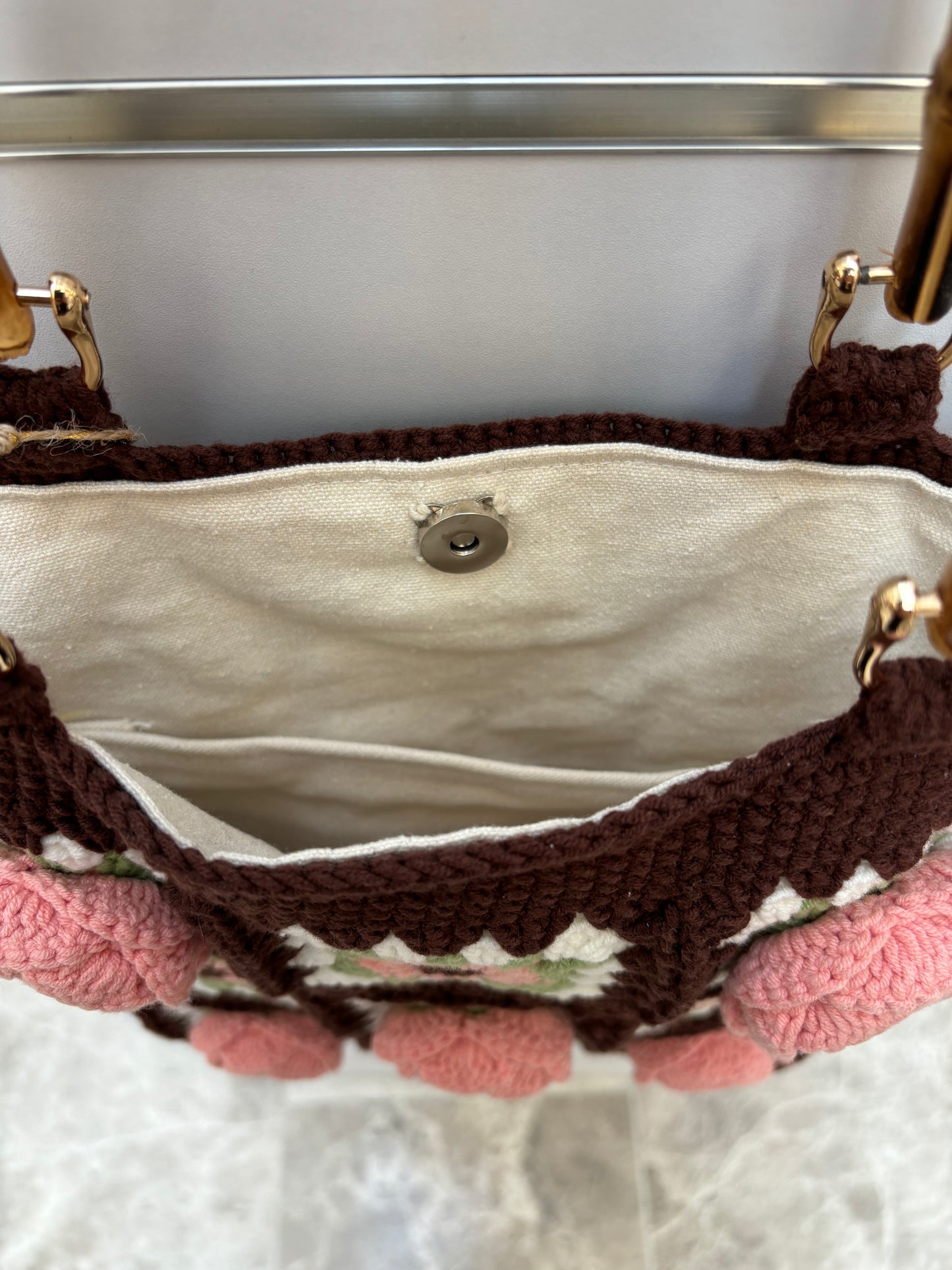 Handmade Crochet Rose Handbag with Bamboo Handles - Brown & Pink