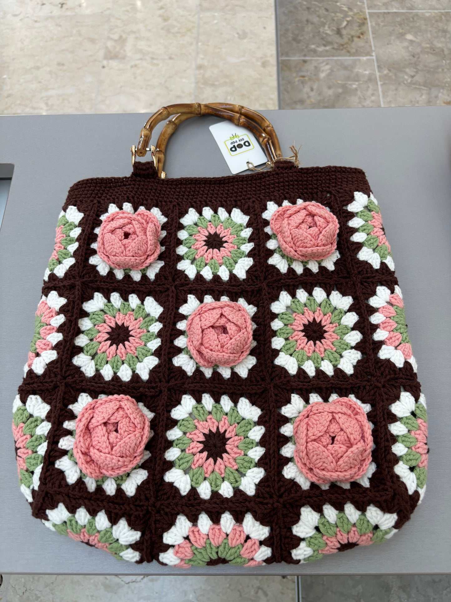 Handmade Crochet Rose Handbag with Bamboo Handles - Brown & Pink