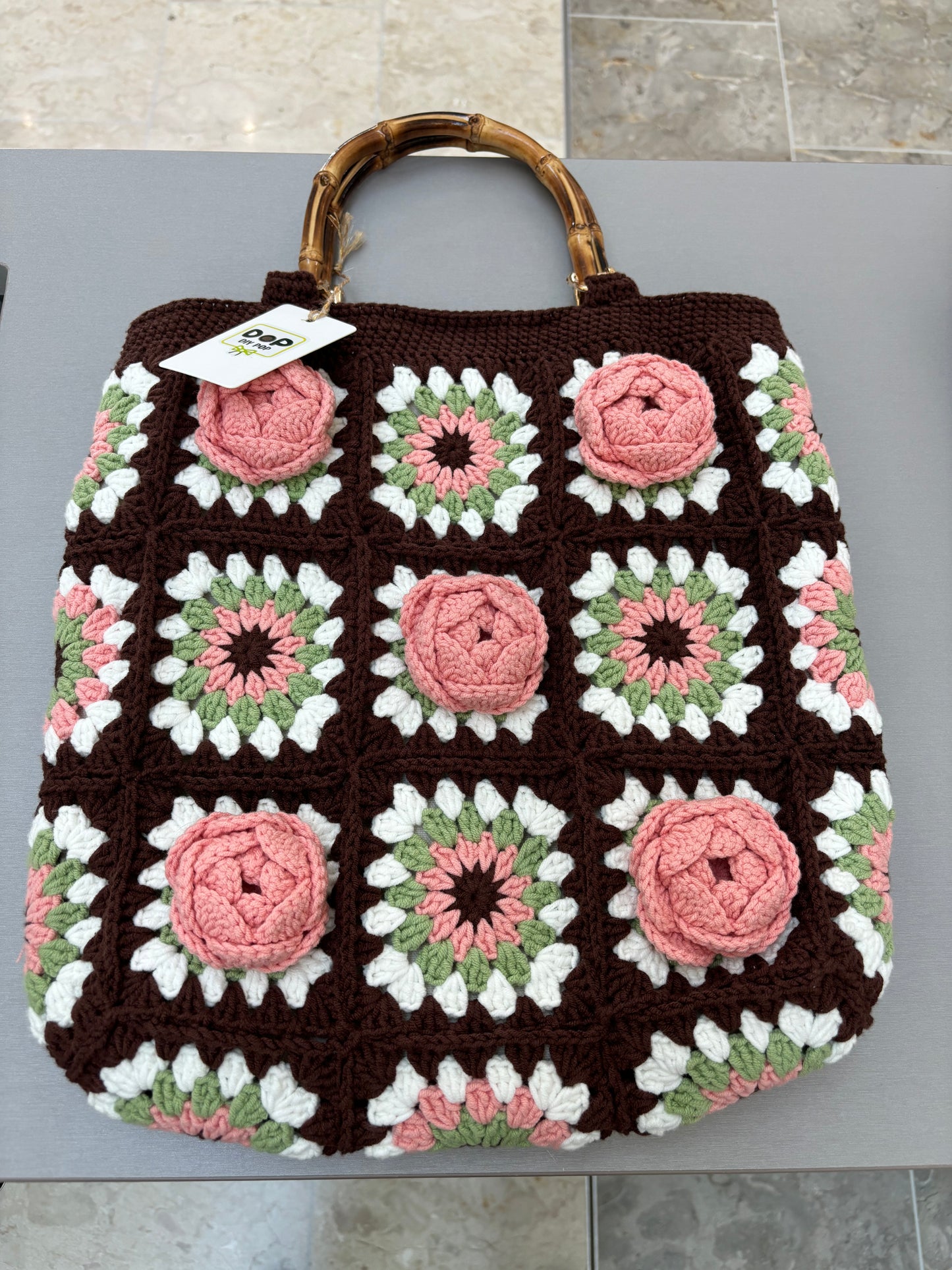 Handmade Crochet Rose Handbag with Bamboo Handles - Brown & Pink