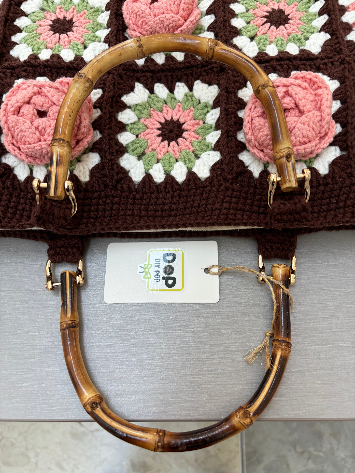 Handmade Crochet Rose Handbag with Bamboo Handles - Brown & Pink