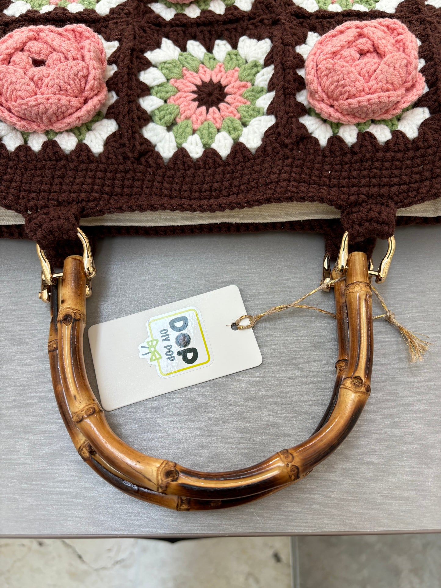Handmade Crochet Rose Handbag with Bamboo Handles - Brown & Pink