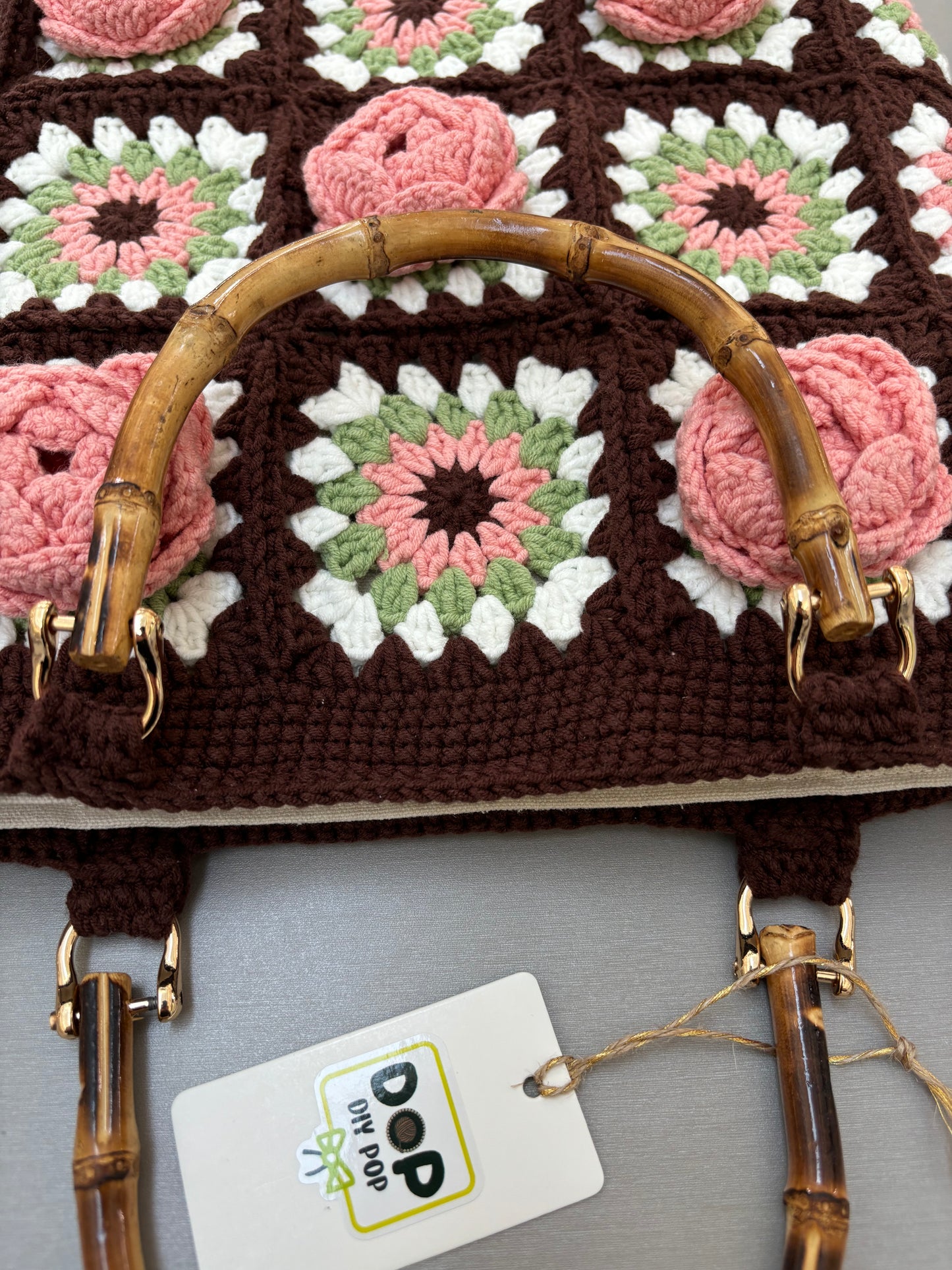 Handmade Crochet Rose Handbag with Bamboo Handles - Brown & Pink