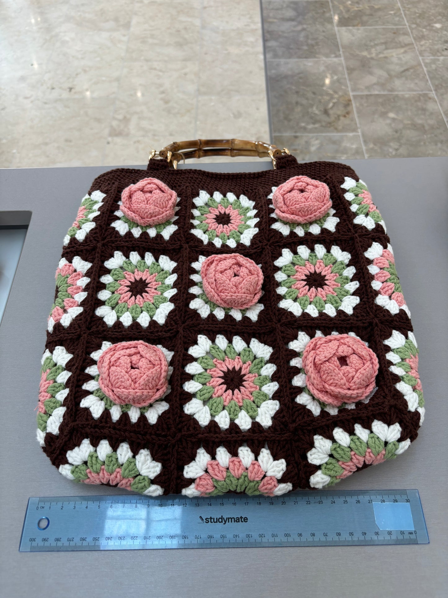 Handmade Crochet Rose Handbag with Bamboo Handles - Brown & Pink