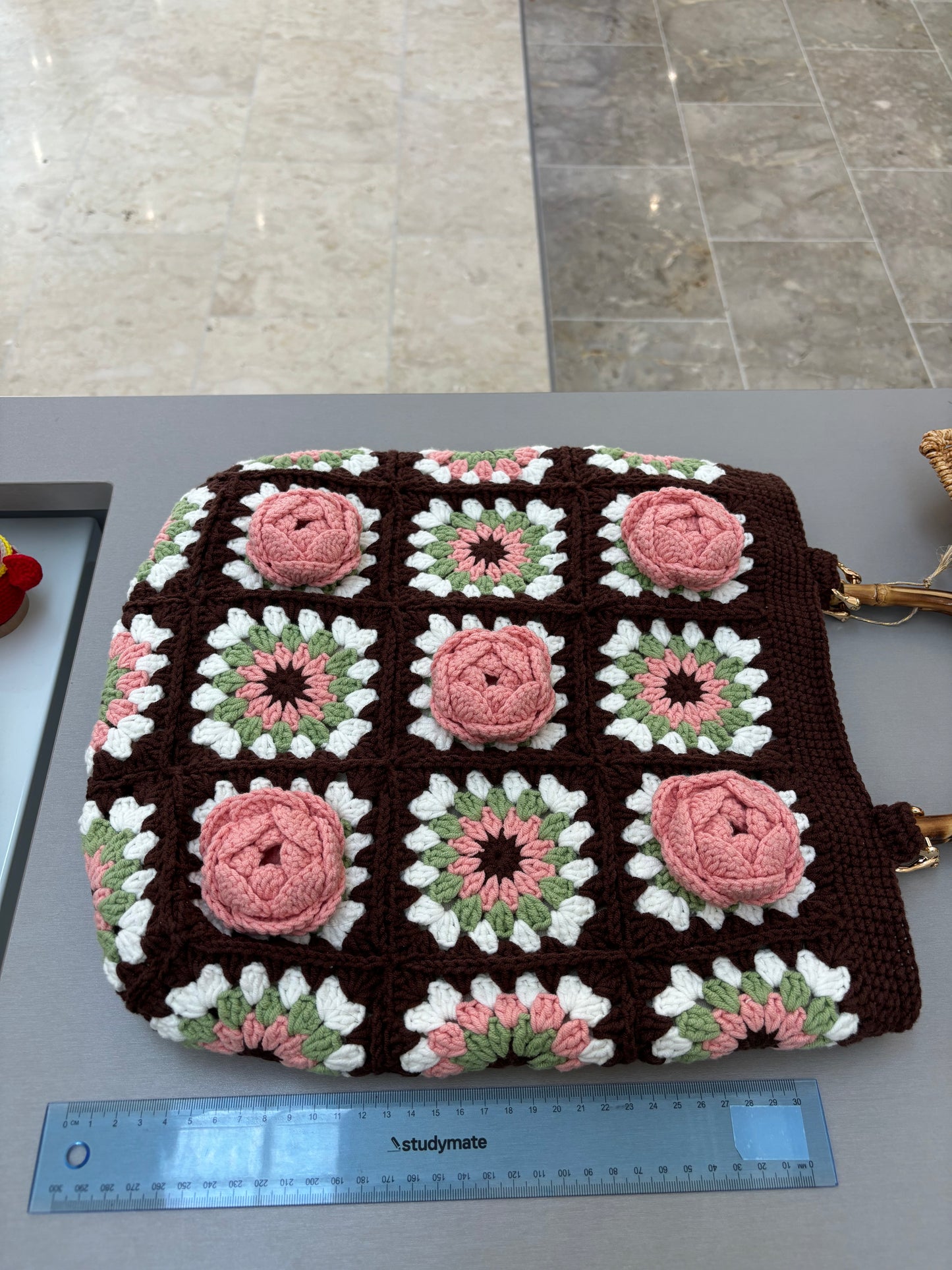 Handmade Crochet Rose Handbag with Bamboo Handles - Brown & Pink