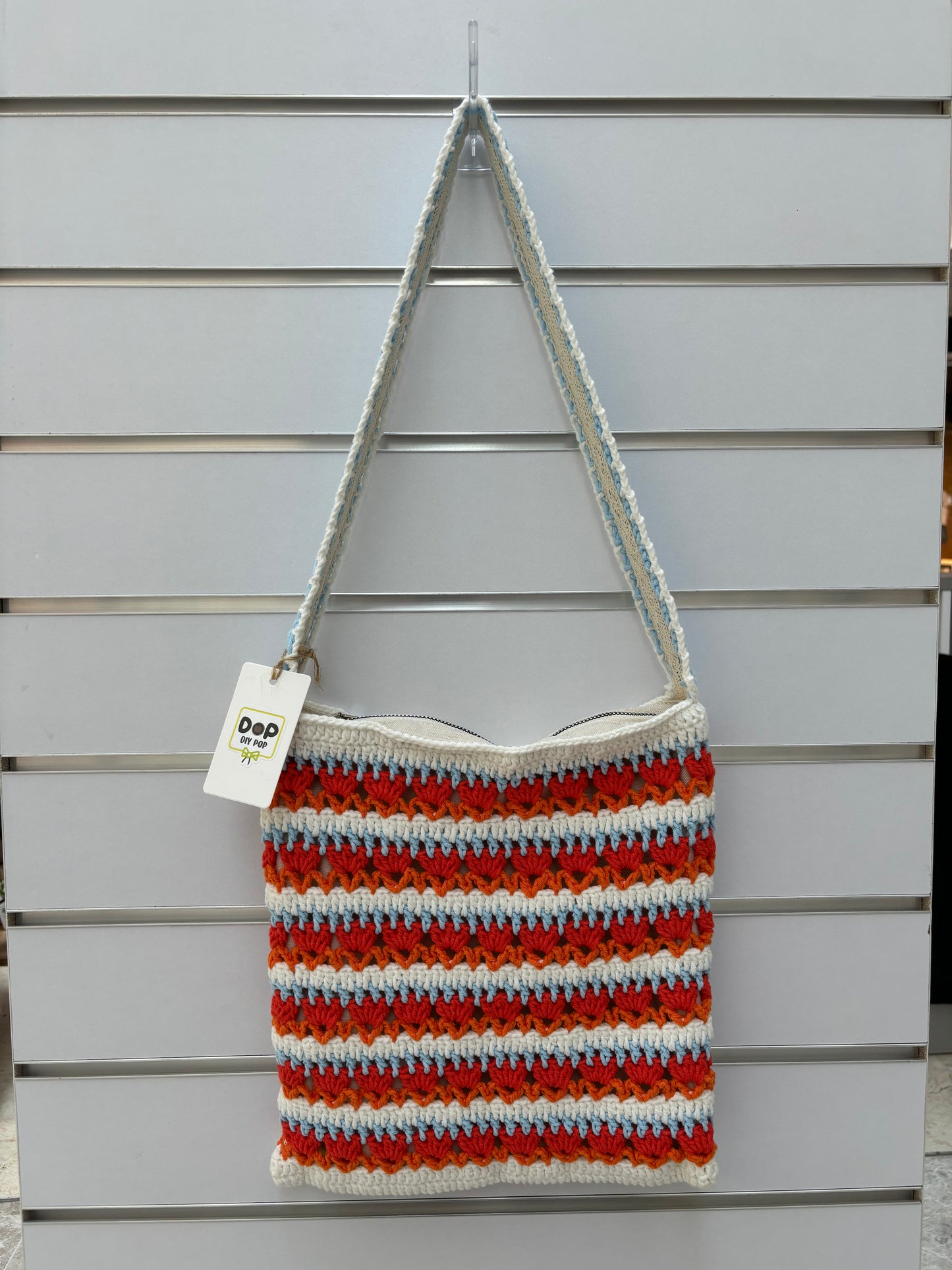 Handmade Crochet Striped Shoulder Bag – Red, Blue, and Orange Stripes
