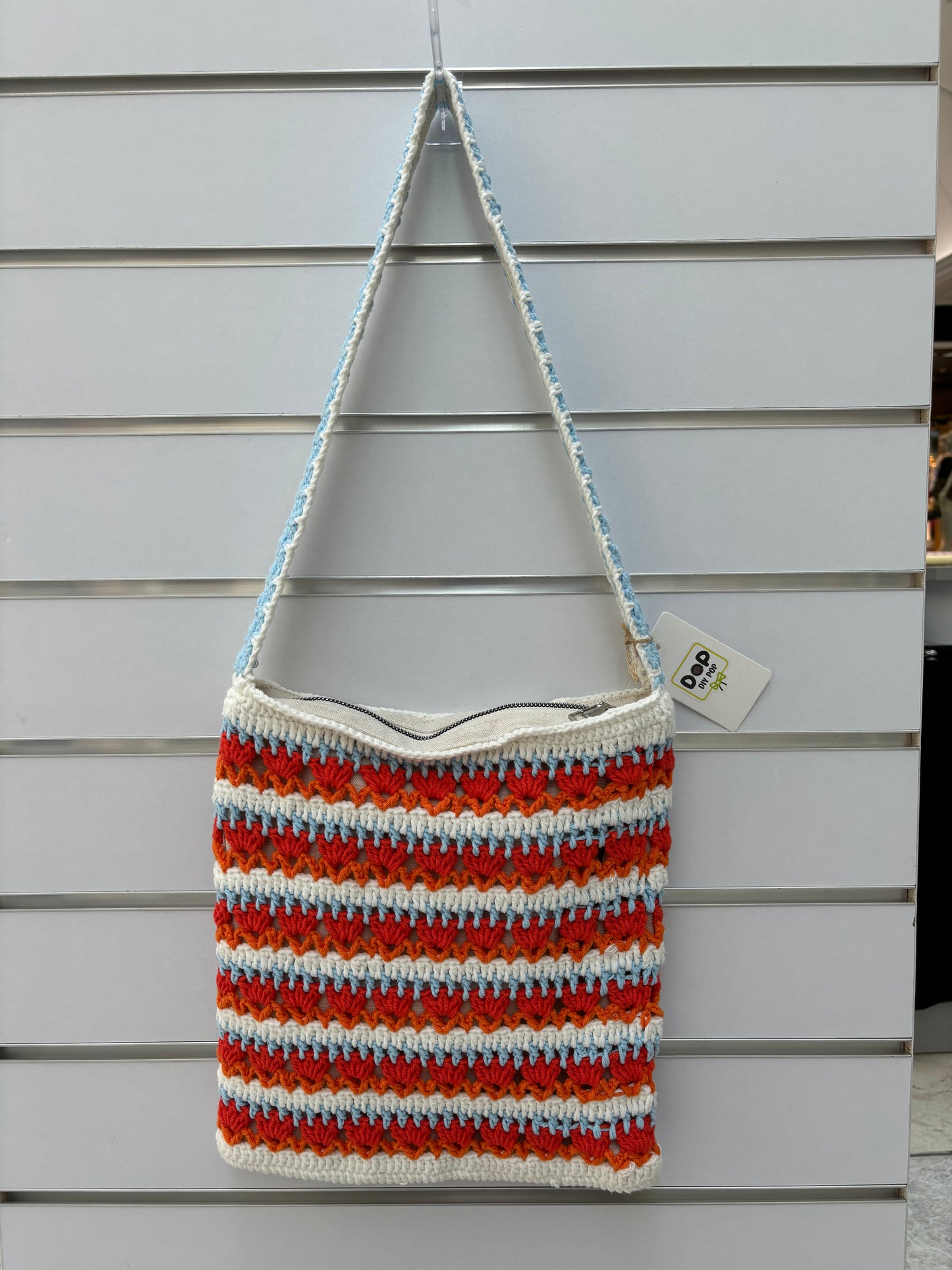 Handmade Crochet Striped Shoulder Bag – Red, Blue, and Orange Stripes