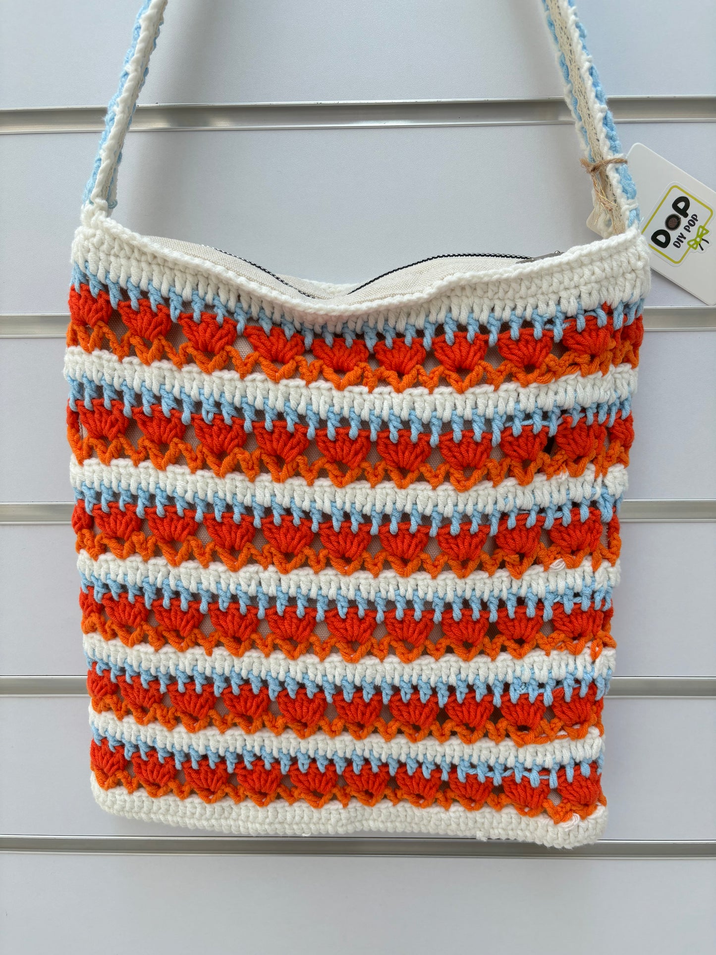 Handmade Crochet Striped Shoulder Bag – Red, Blue, and Orange Stripes