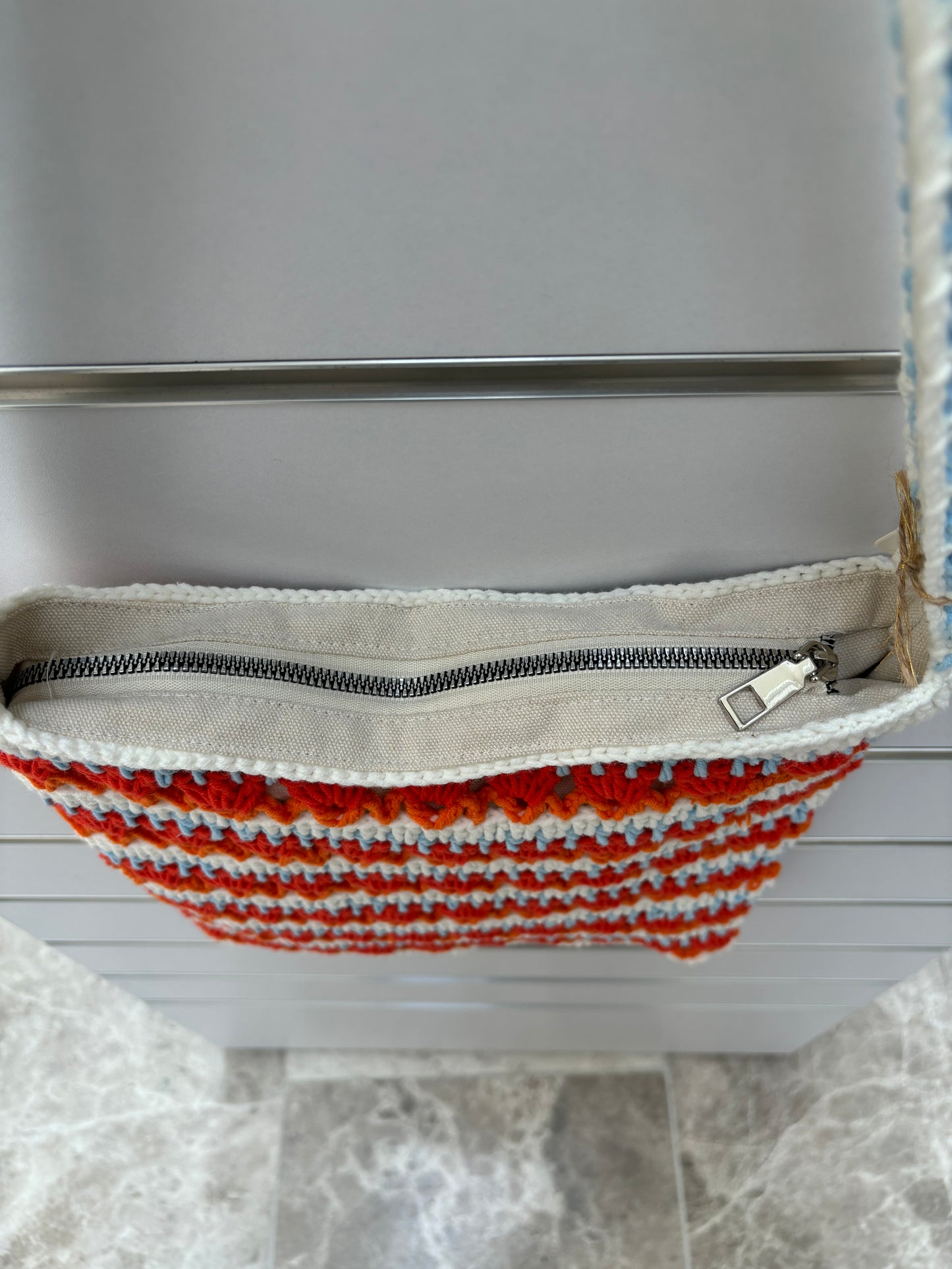 Handmade Crochet Striped Shoulder Bag – Red, Blue, and Orange Stripes