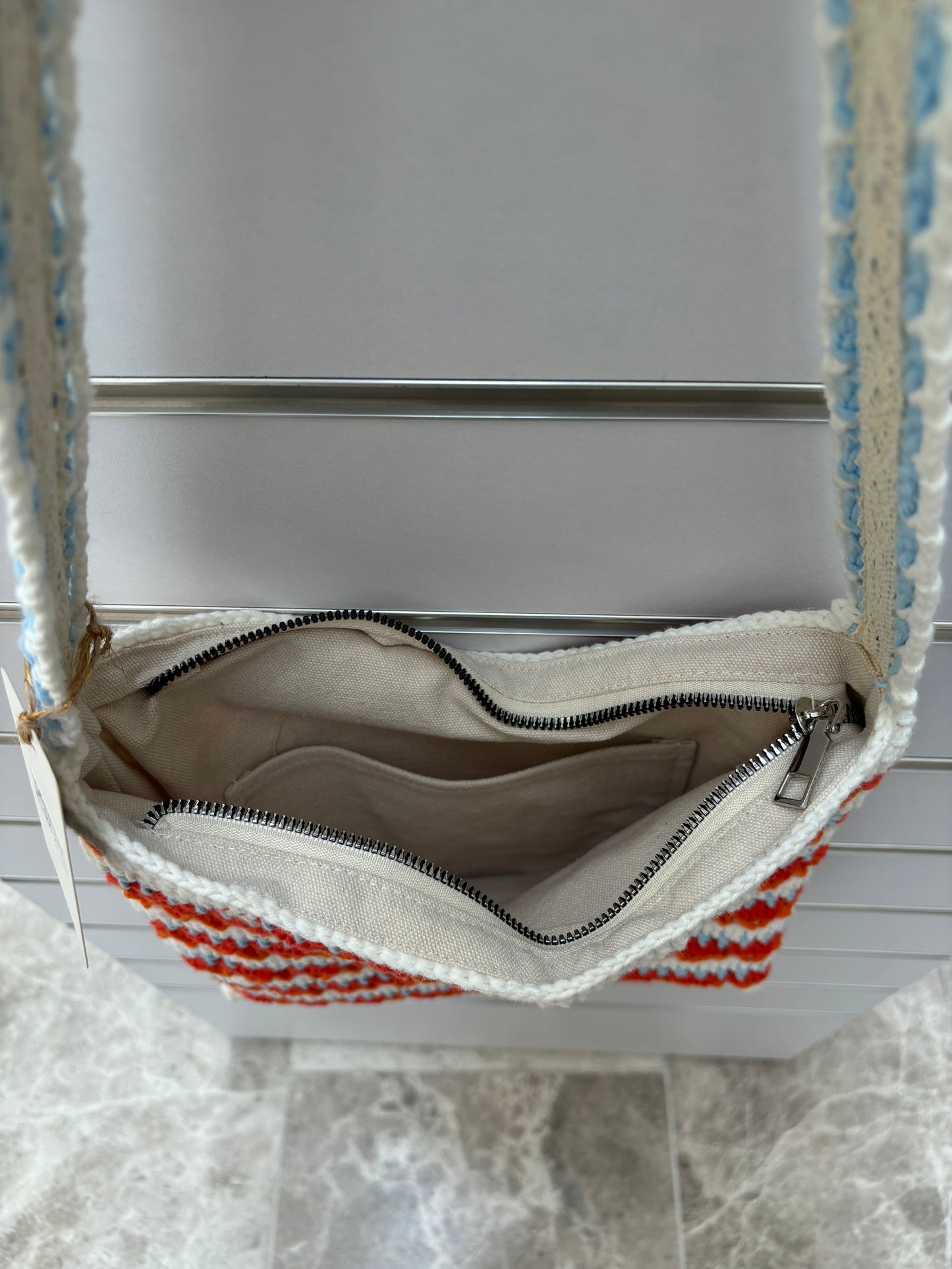 Handmade Crochet Striped Shoulder Bag – Red, Blue, and Orange Stripes