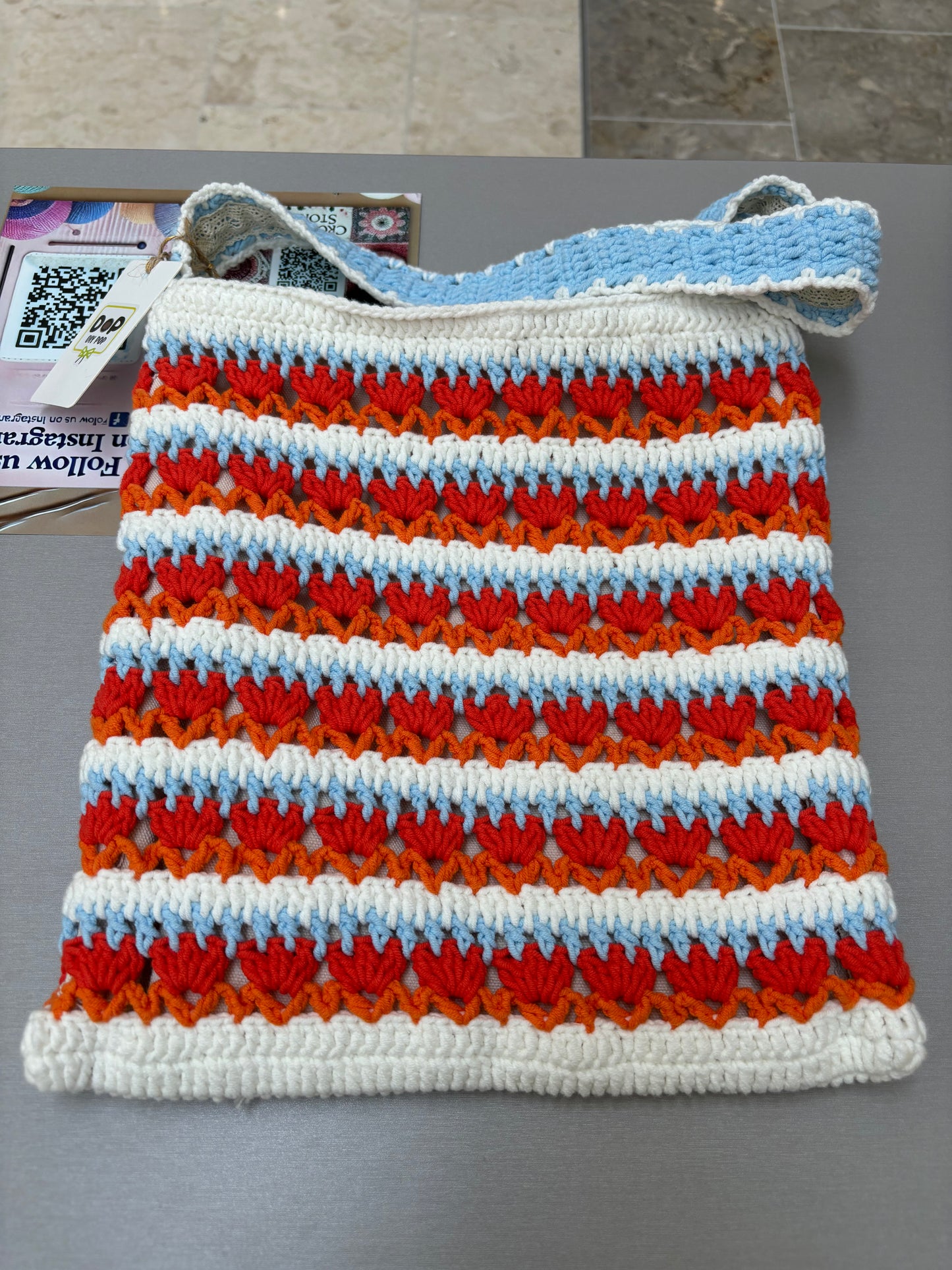 Handmade Crochet Striped Shoulder Bag – Red, Blue, and Orange Stripes