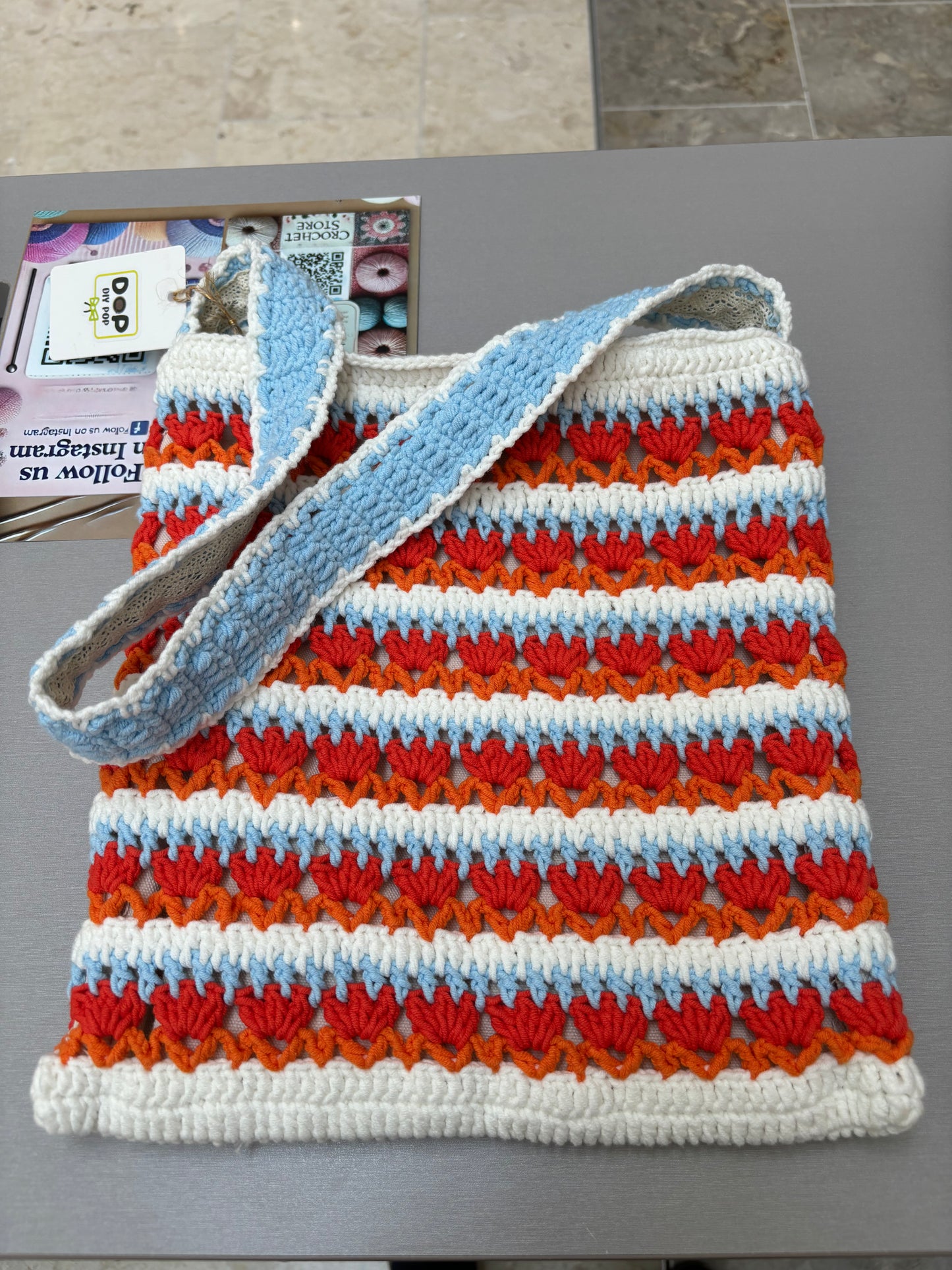 Handmade Crochet Striped Shoulder Bag – Red, Blue, and Orange Stripes