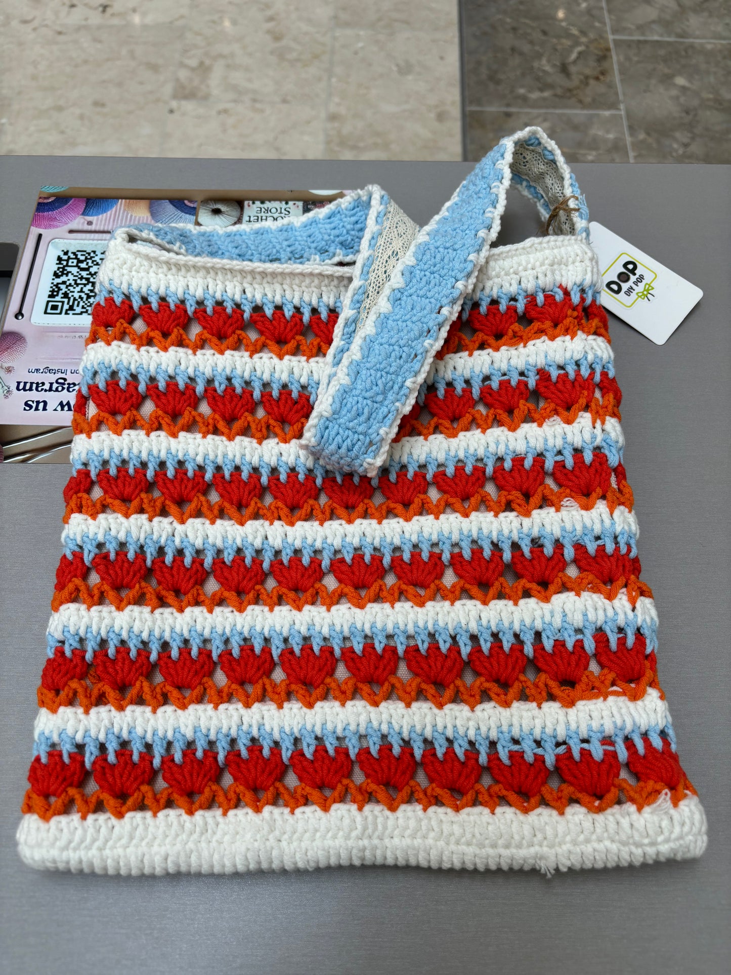 Handmade Crochet Striped Shoulder Bag – Red, Blue, and Orange Stripes