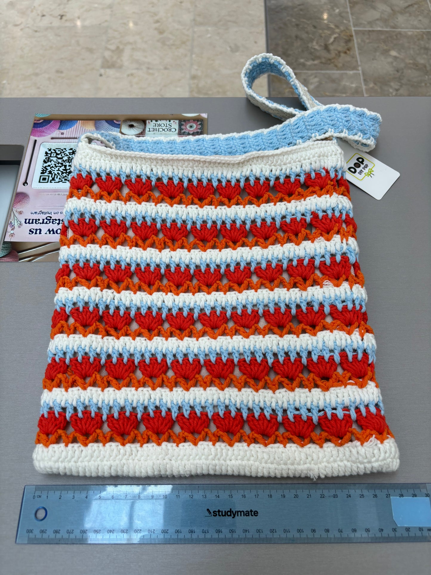 Handmade Crochet Striped Shoulder Bag – Red, Blue, and Orange Stripes