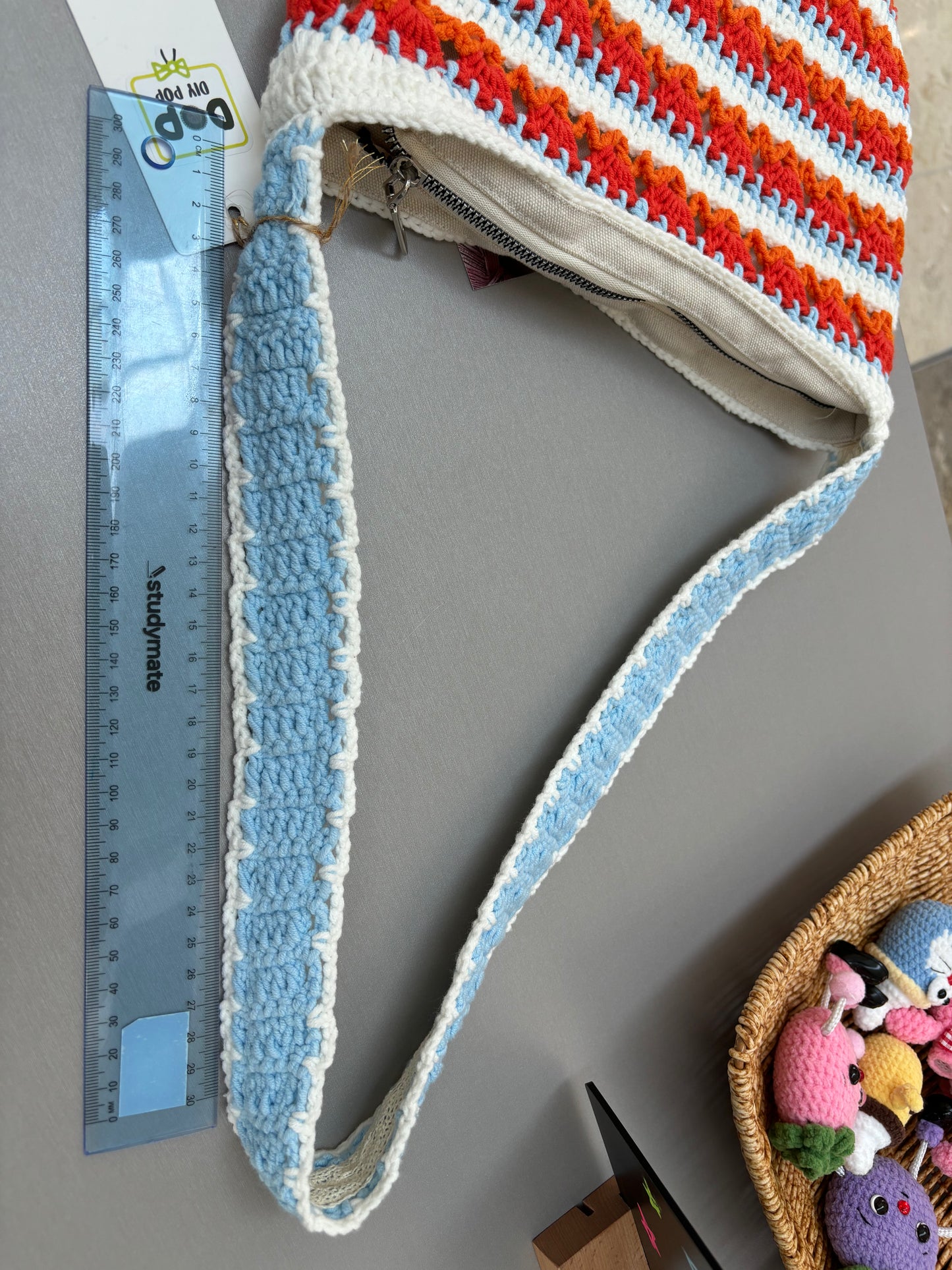 Handmade Crochet Striped Shoulder Bag – Red, Blue, and Orange Stripes
