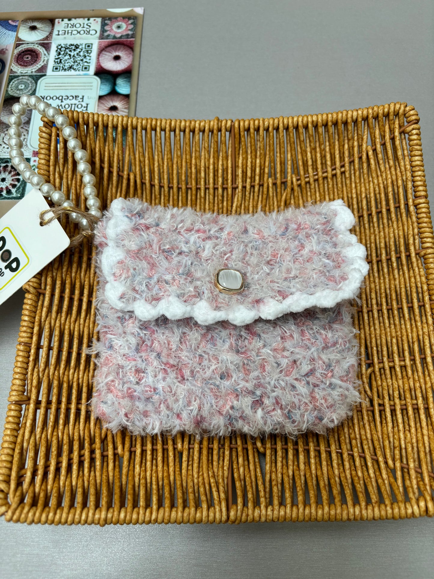 Fuzzy Crochet Mini Purse with Pearl Handle