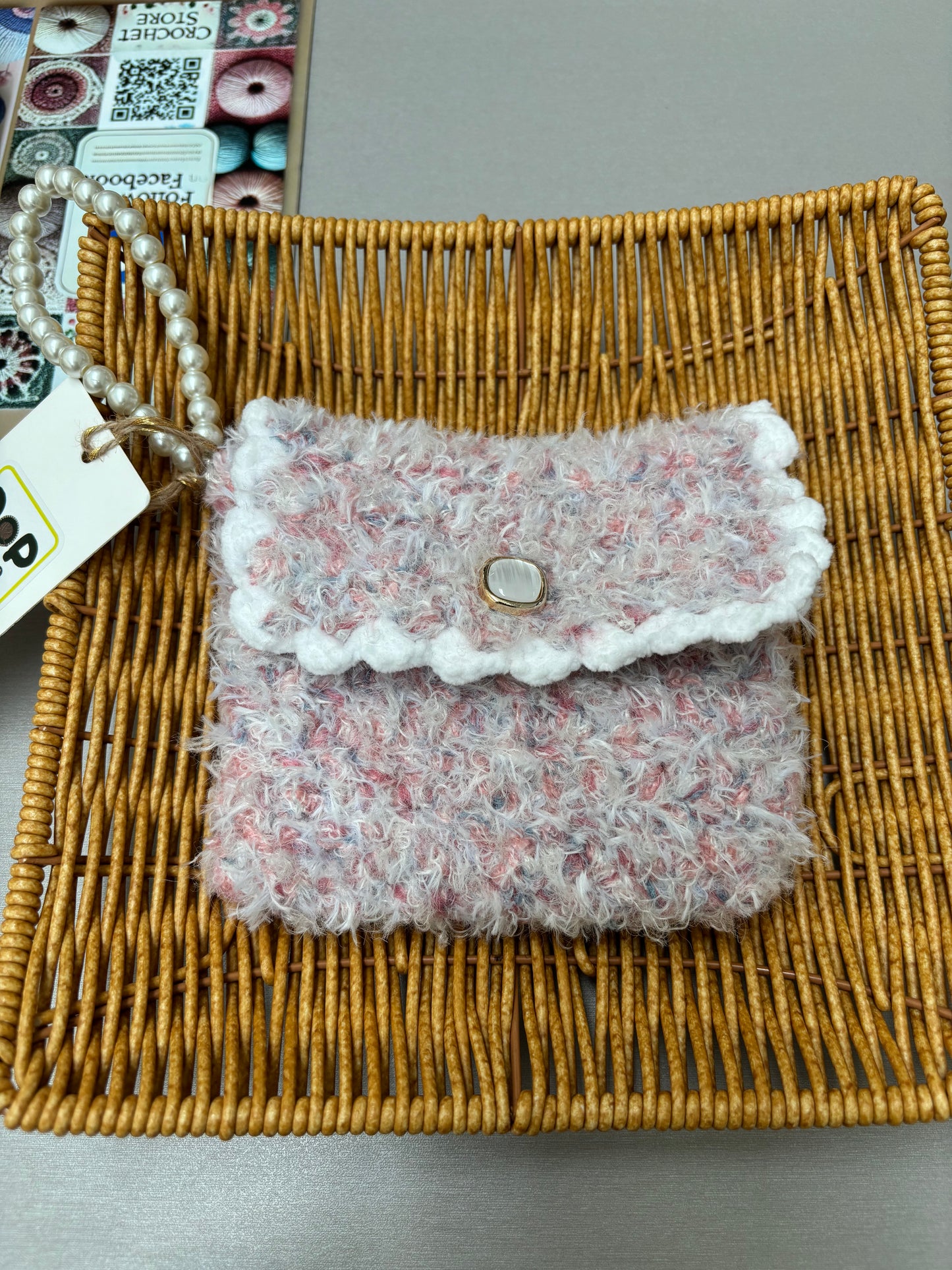 Fuzzy Crochet Mini Purse with Pearl Handle