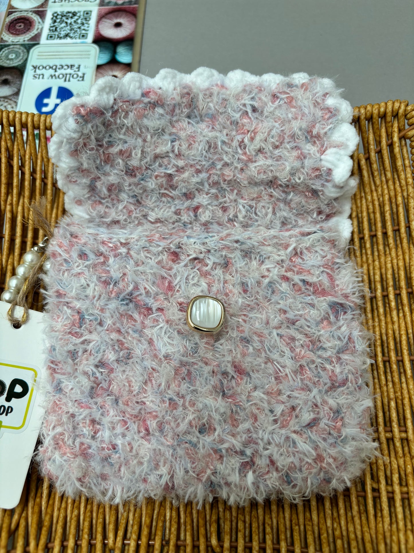 Fuzzy Crochet Mini Purse with Pearl Handle