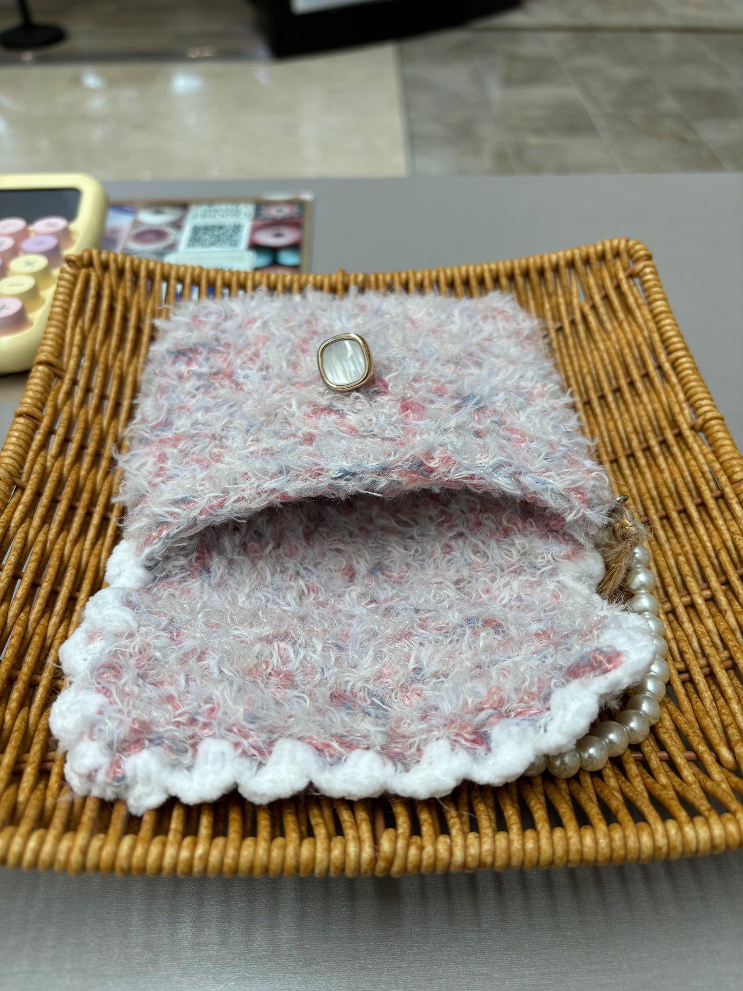 Fuzzy Crochet Mini Purse with Pearl Handle