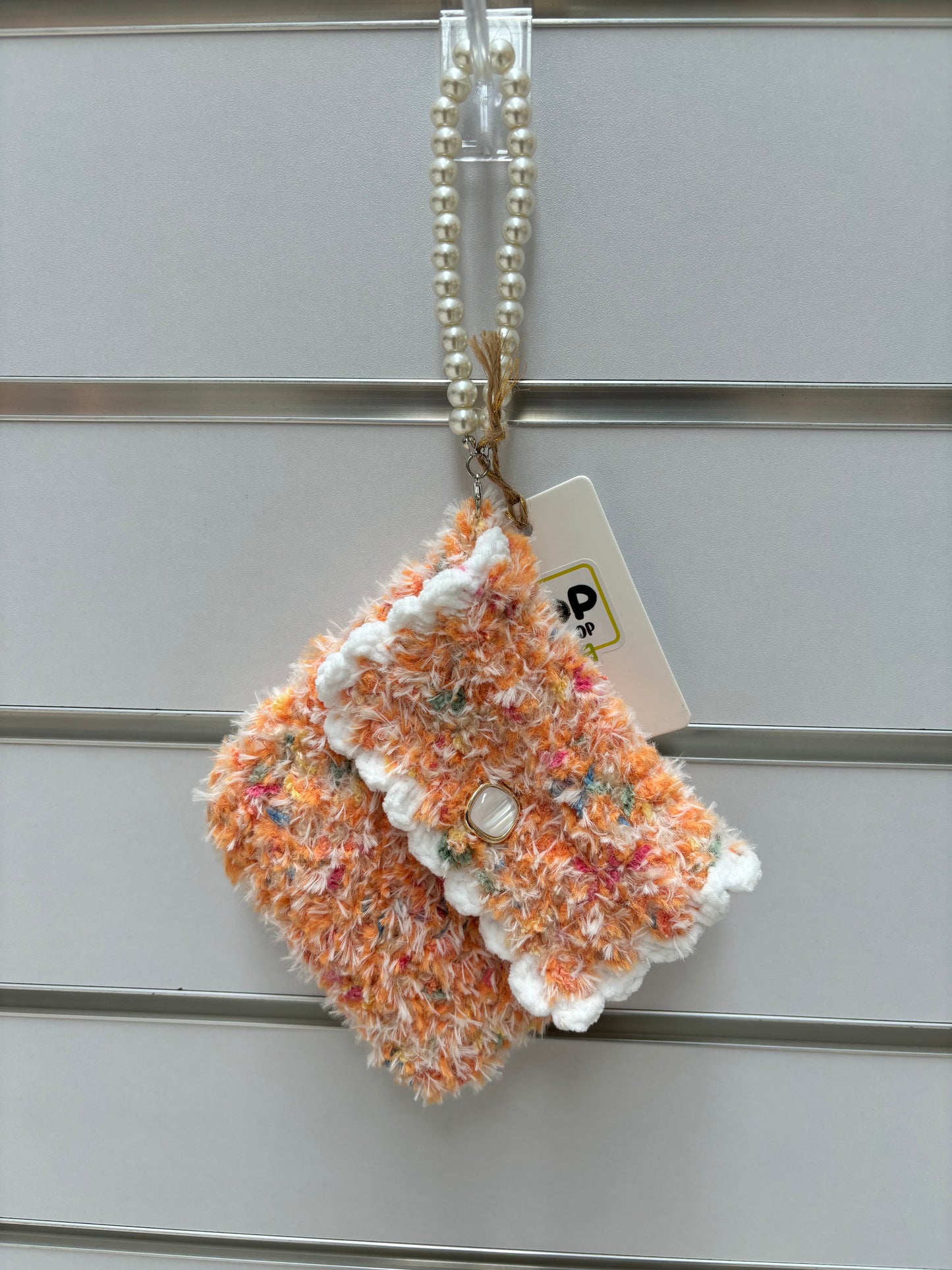 Fluffy Crochet Mini Purse with Pearl Handle - Sunset Orange