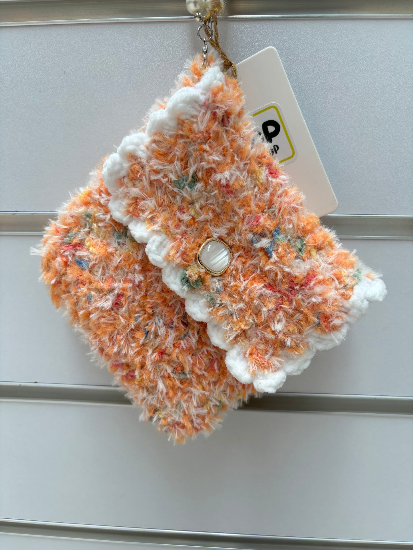Fluffy Crochet Mini Purse with Pearl Handle - Sunset Orange