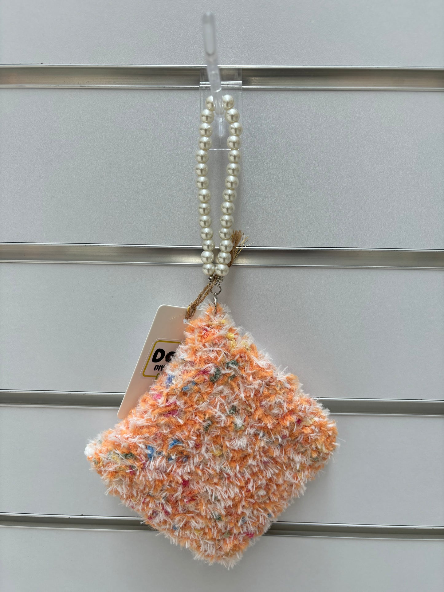 Fluffy Crochet Mini Purse with Pearl Handle - Sunset Orange