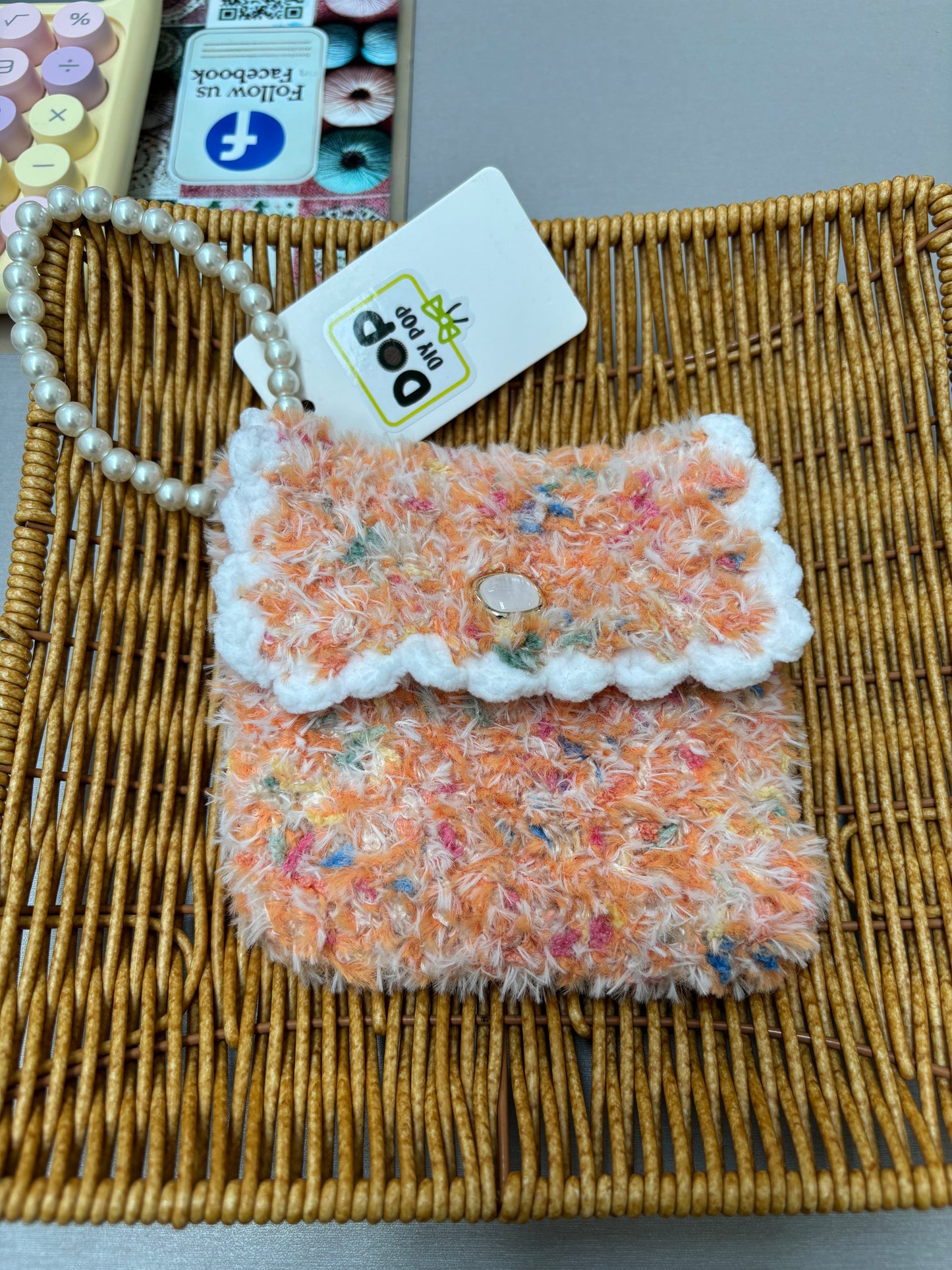 Fluffy Crochet Mini Purse with Pearl Handle - Sunset Orange