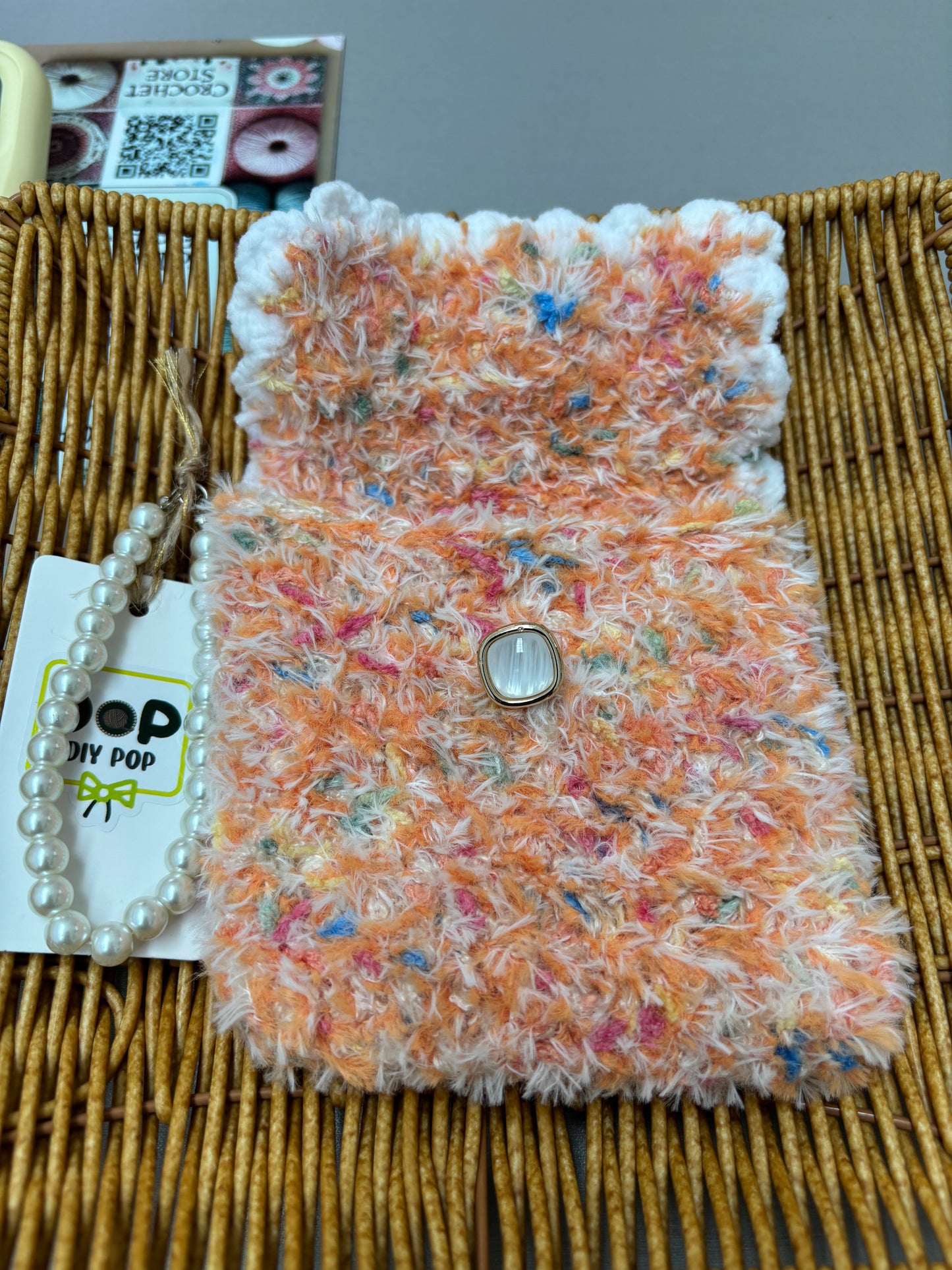 Fluffy Crochet Mini Purse with Pearl Handle - Sunset Orange